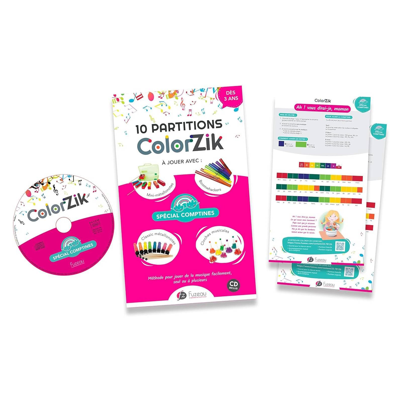 Fuzeau Livret Musical Pédagogique CD Audio Colorzik Comptines 10 Partitions Codées en Couleurs Paroles Incluses dès 3 Ans Méthode Intuitive