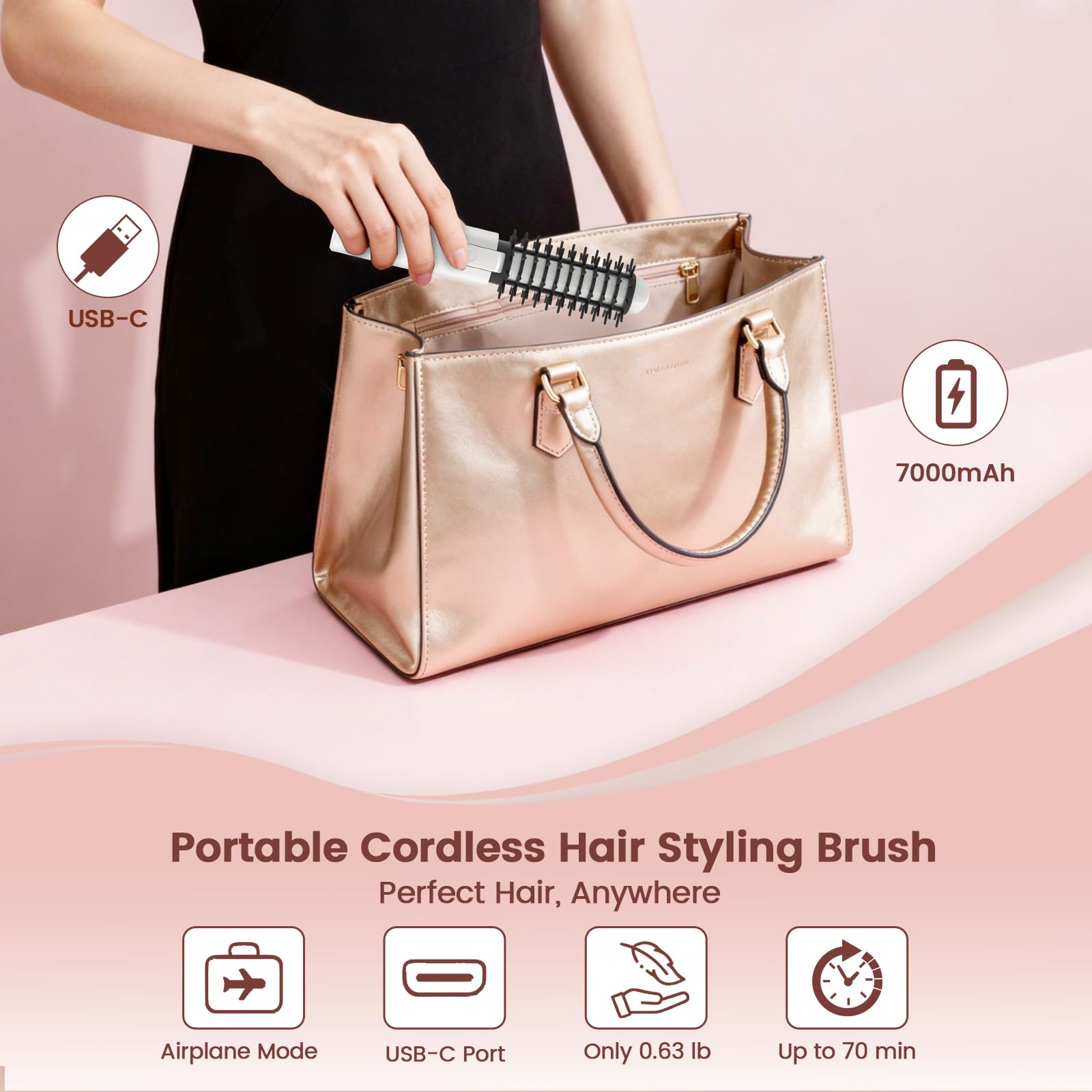 Youbella Spazzola arricciacapelli senza fili, bigodino portatile da viaggio, mini spazzola rotonda riscaldata da 1,5", bacchetta lisciante ricaricabile USB 3 in 1 per styling e levigatura, 200 milioni
