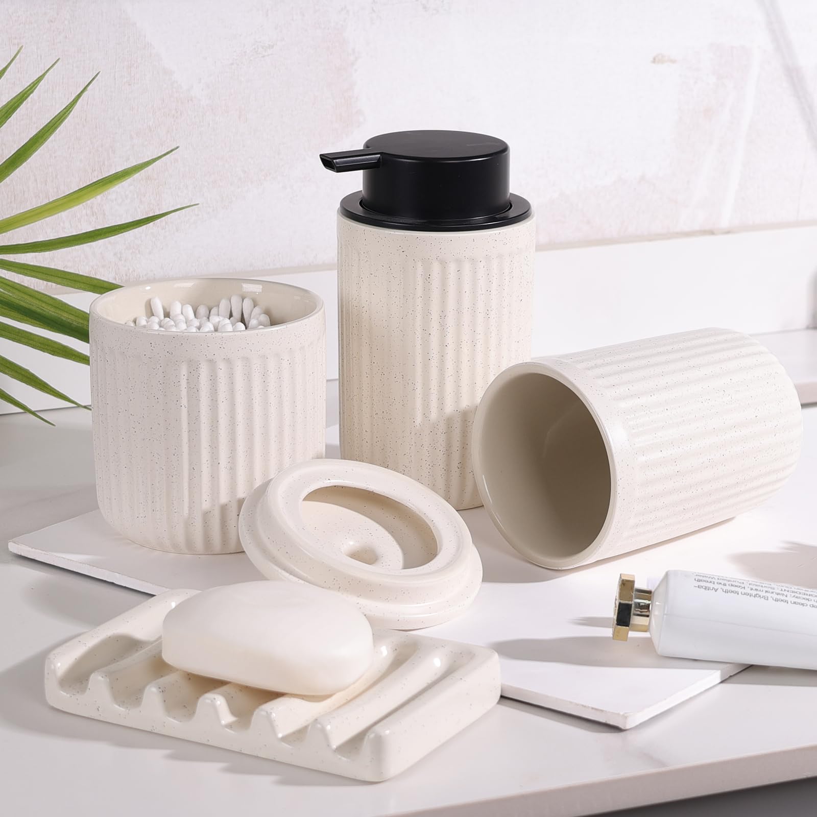 BosilunLife 4pcs Ceramic Bathroom Accessories Set - Bathroom Counter Soap Set, Foam Dispenser, Soap Dish, Toothbrush Holder/Tumbler, Cotton Swab Jar,Beige With Pockmark(Foam)