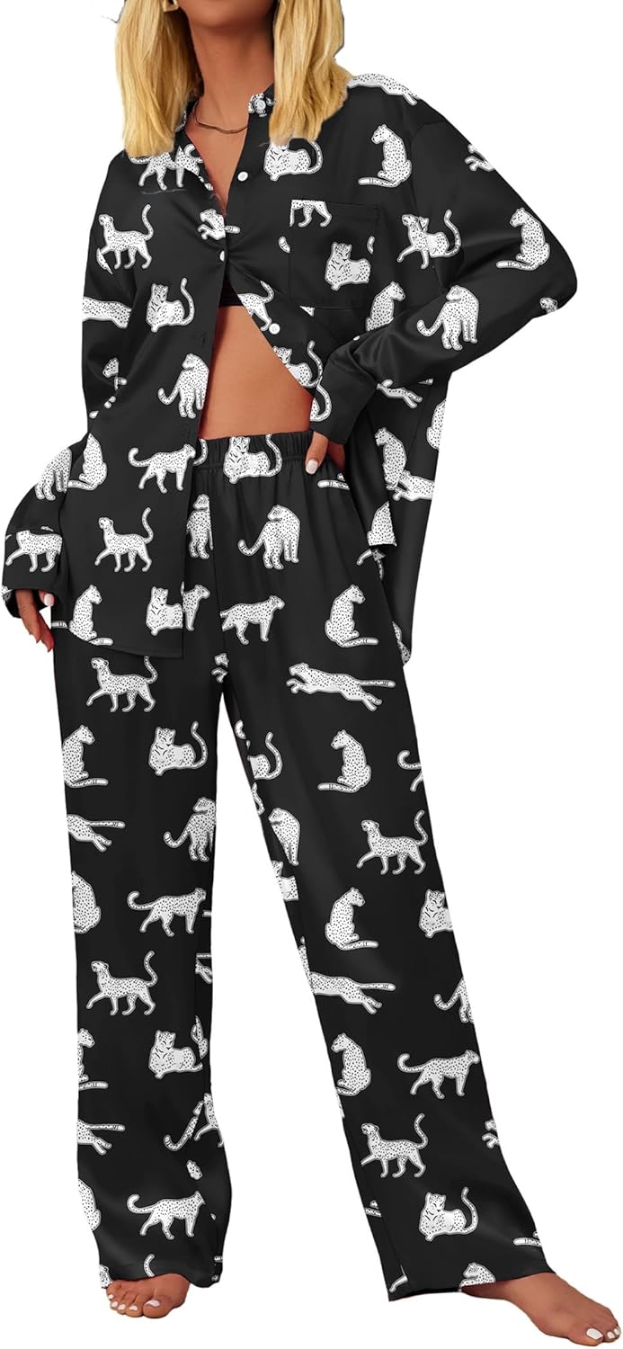 Ekouaer Womens Satin Silky Pajama Set 2 Piece Print PJs Soft Loungewear Button Down Sleepwear with Elastic Waist Long Pants