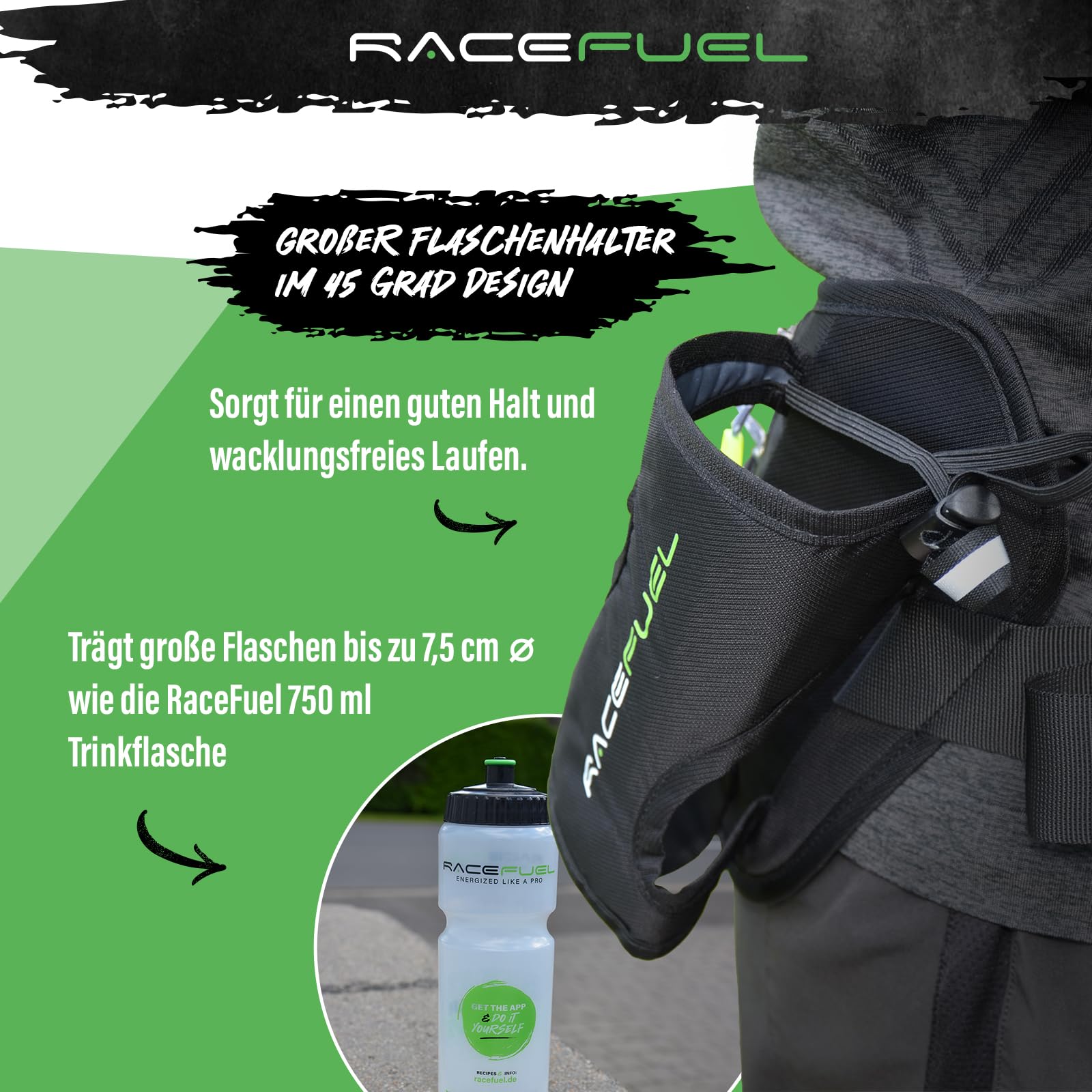 Laufgürtel Trinkgürtel Gürteltasche Handytasche für Trinkflasche, Radflasche und Softflask, wasserdicht, mit Fach für Handy, ideal für Training, Laufen, Radfahren, Wandern (Mit 750ml Flasche)