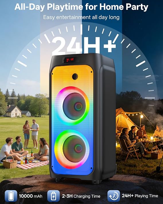 HWWR 500W Karaoke Machine with 2 Wireless Mics and Trolley Wheels | 500W peak sound, 2 wireless mics, DJ Lights, dual 6.5-inch subwoofers, trolley wheels, TWS, REC, AUX/SD for outdoor parties