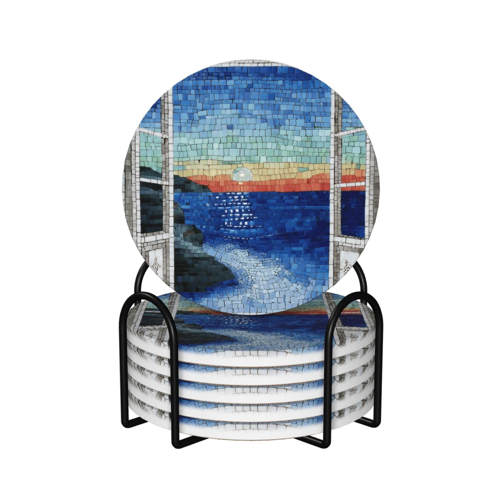Open Window with Sea View Mosaic Art Ceramic Coasters with Holder 6ps