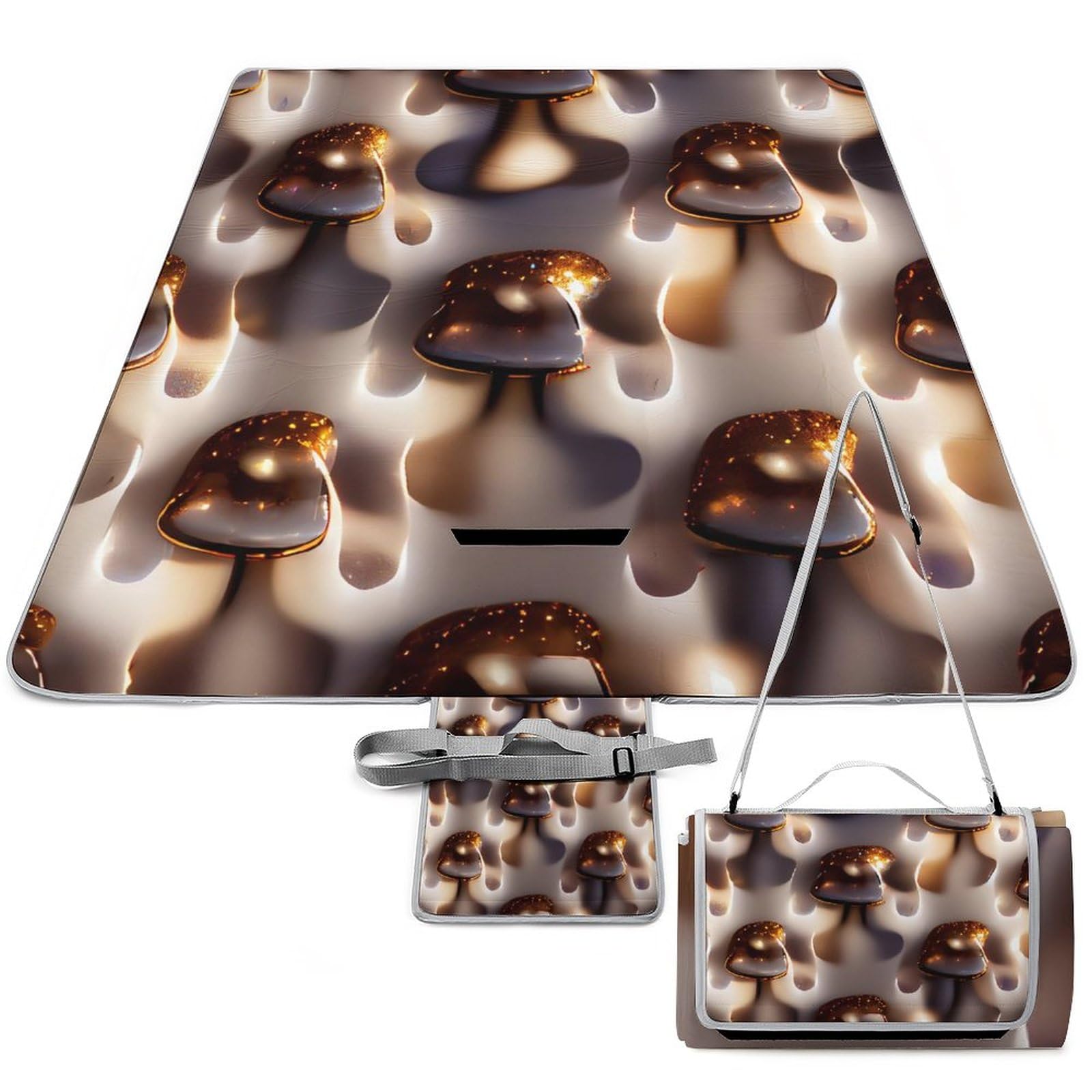 Mushrooms Picnic Blanket Waterproof Foldable, Large Outdoor Picnic Blanket Beach Blankets Camping Blanket Travel Mat, Shoulder Strap Tote, Rectangle 58x58in