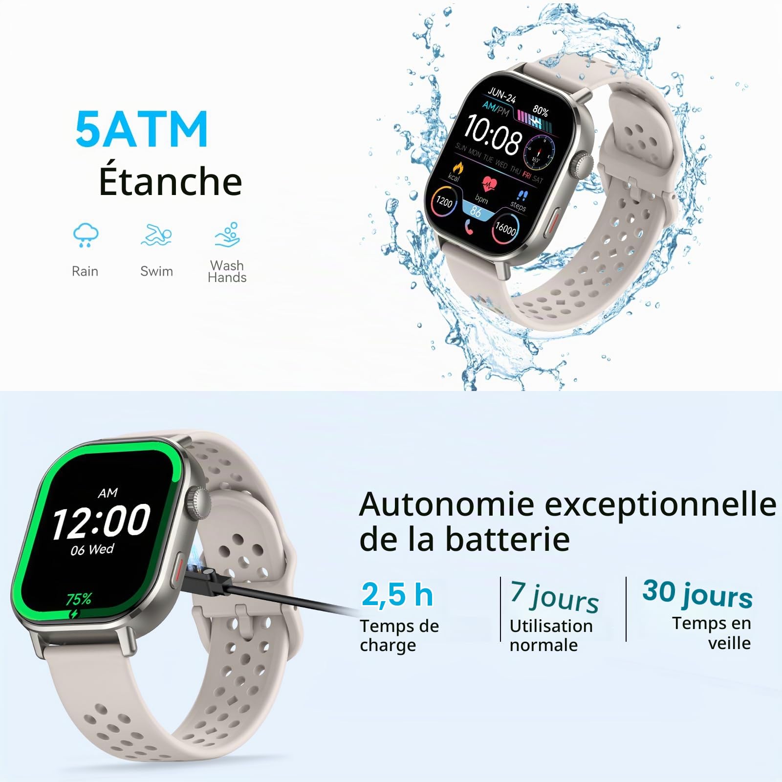 GPS Montre Connectée Homme Femme, AMOLED 2,06" Smartwatch 5ATM Étanche HD Appels Bluetooth, 110+Sportifs Montre Sport Podometre Cardiofrequencemetre SpO2 Sommeil, Montre Intelligente pour Android iOS