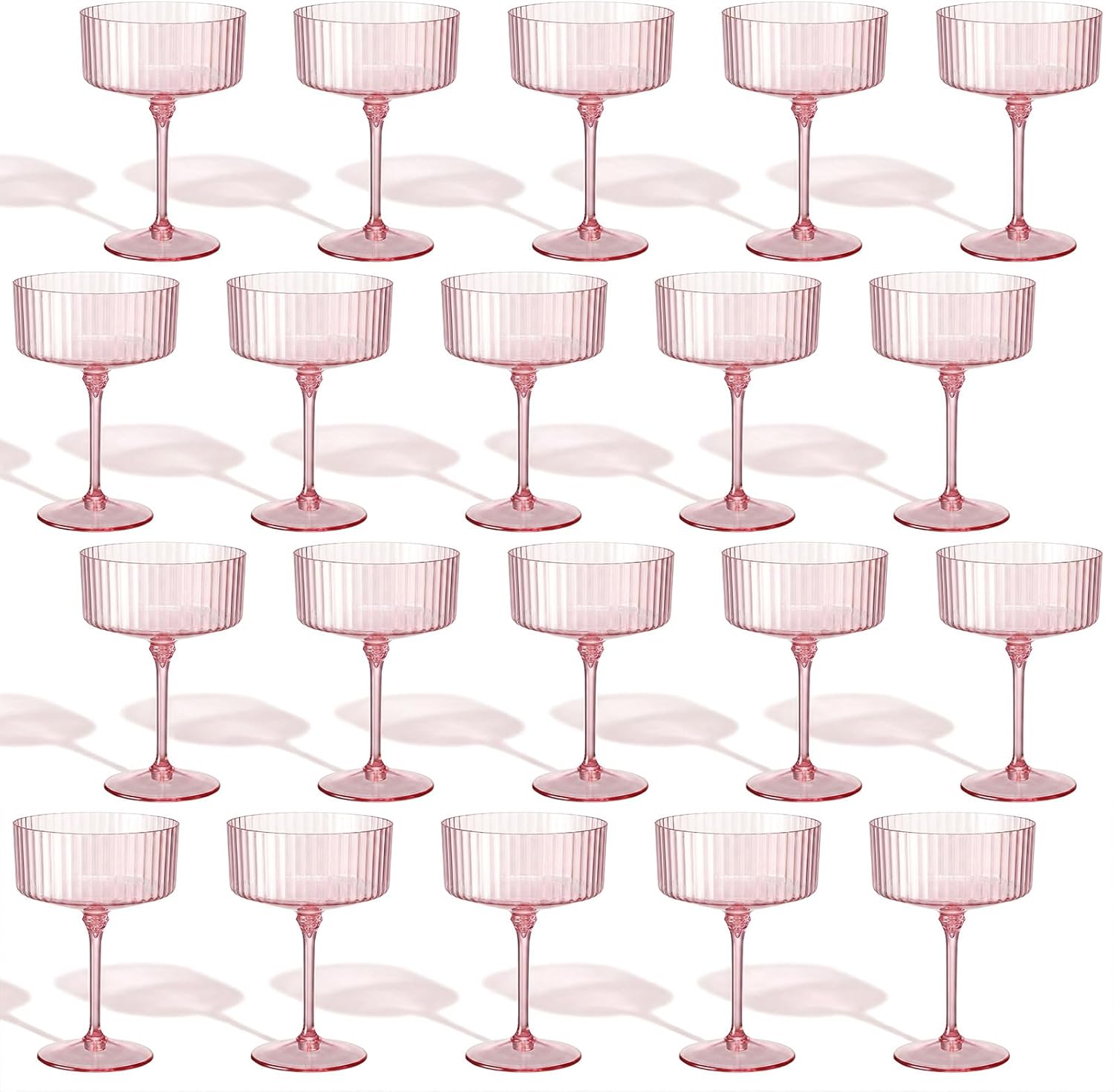 20 Pcs Ribbed Pink Plastic Martini Glasses – 10 Oz Disposable Coupe Glasses with Detachable Stem, Shatterproof Cocktail Glasse for Wedding, Bachelorette Party, Champagne, Mimosas & Desserts