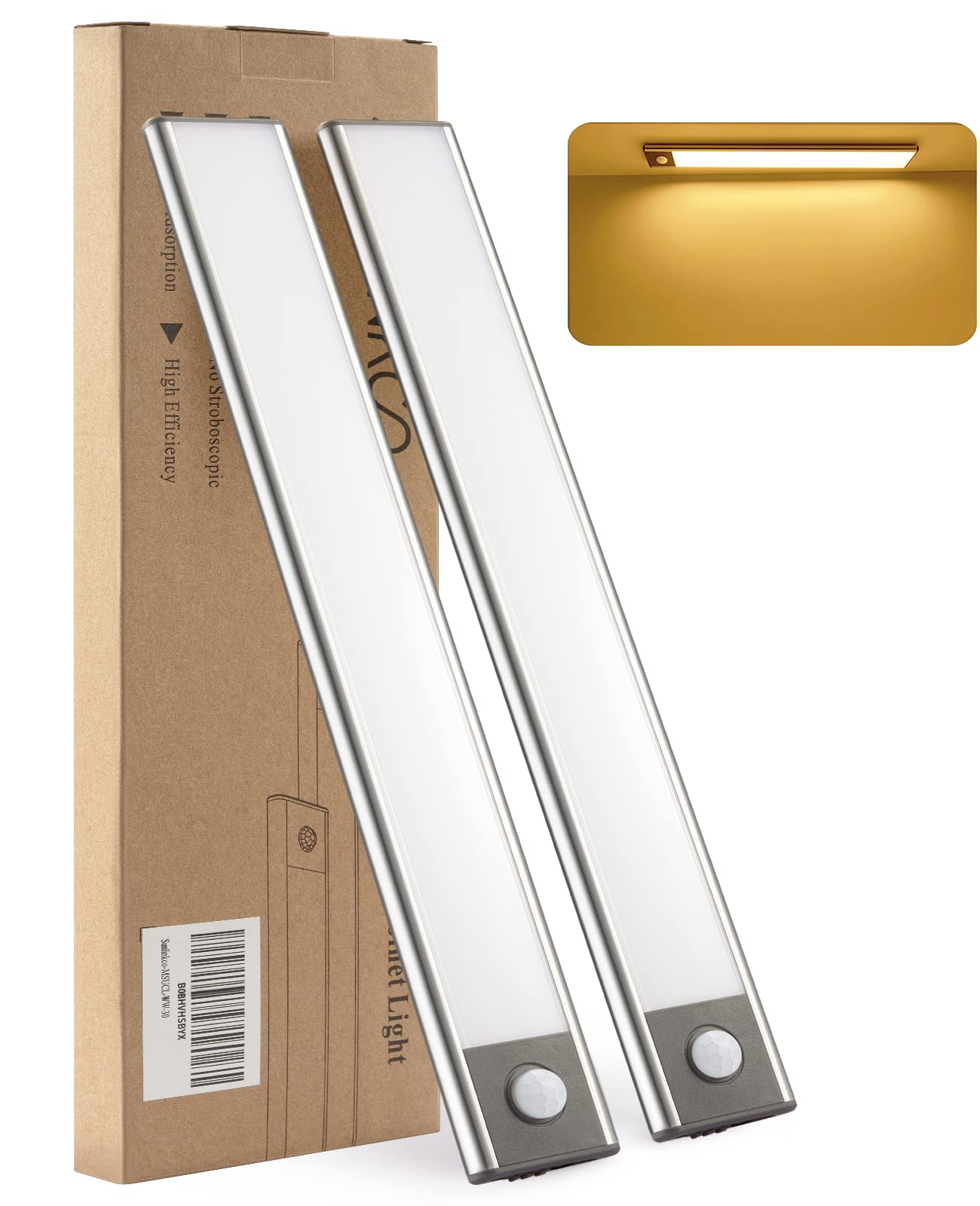 11.8in Motion Sensor Under Cabinet Lights Wireless,2200mAh Battery Operated Counter Light Rechargeable Type-C USB,Ultra Thin Closet Lighting for Kitchen,Bedroom,Stair,Wardrobe,Cupboard(Warm White)2Pcs