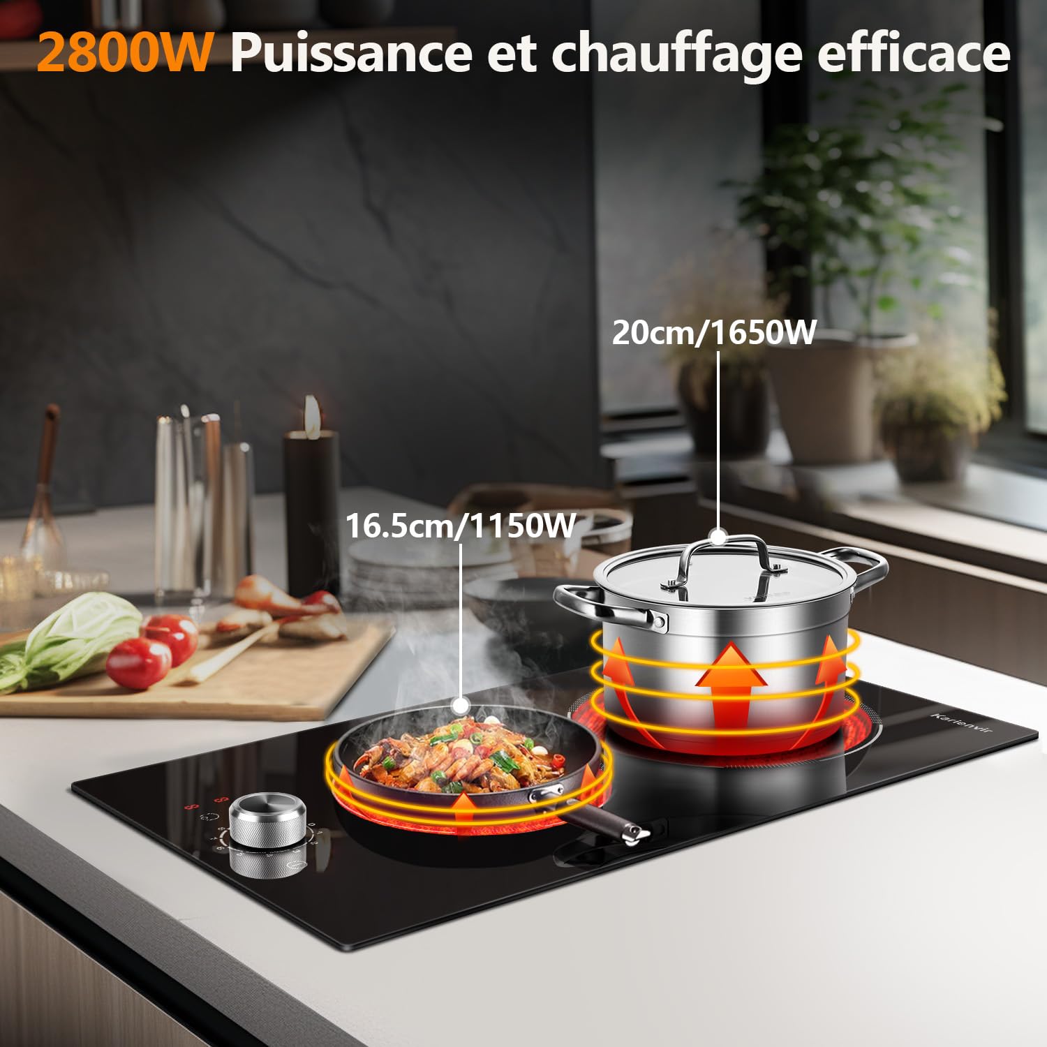 Plaque Vitrocéramique 2 Feux avec Boutons, Table de Cuisson Deux Foyers avec Prise, Zone d'expansion, 9 Niveaux de Puissance, 2800W, 30cm