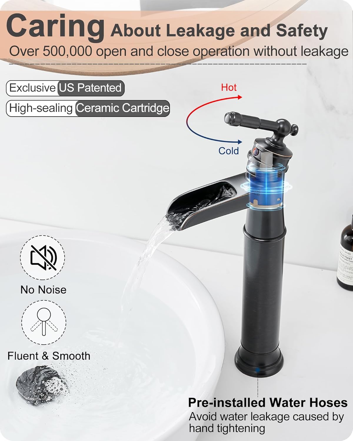 Brass Vessel Sink Faucet Oil Rubbed Bronze, Waterfall Tall Bathroom Faucet 1 Hole with Single Handle, Pop-Up Drain & Water Hose for Farmhouse Vanity Restroom Vessel Bowl Sink, 5 Mins Install