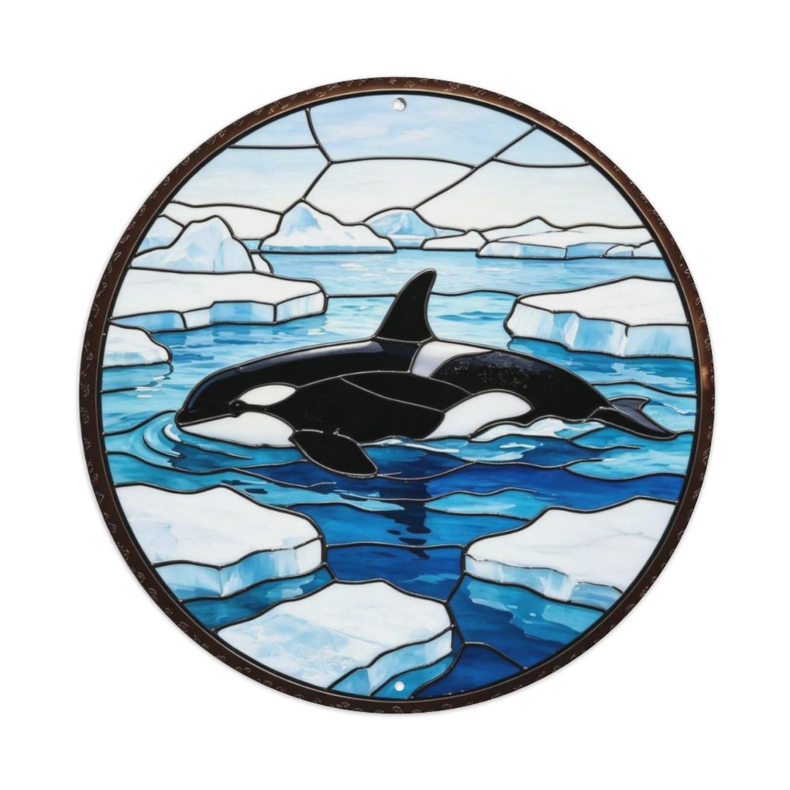 Orca Whale Arctic Ice Ocean Stained Glass Metal Tin Sign Plaque