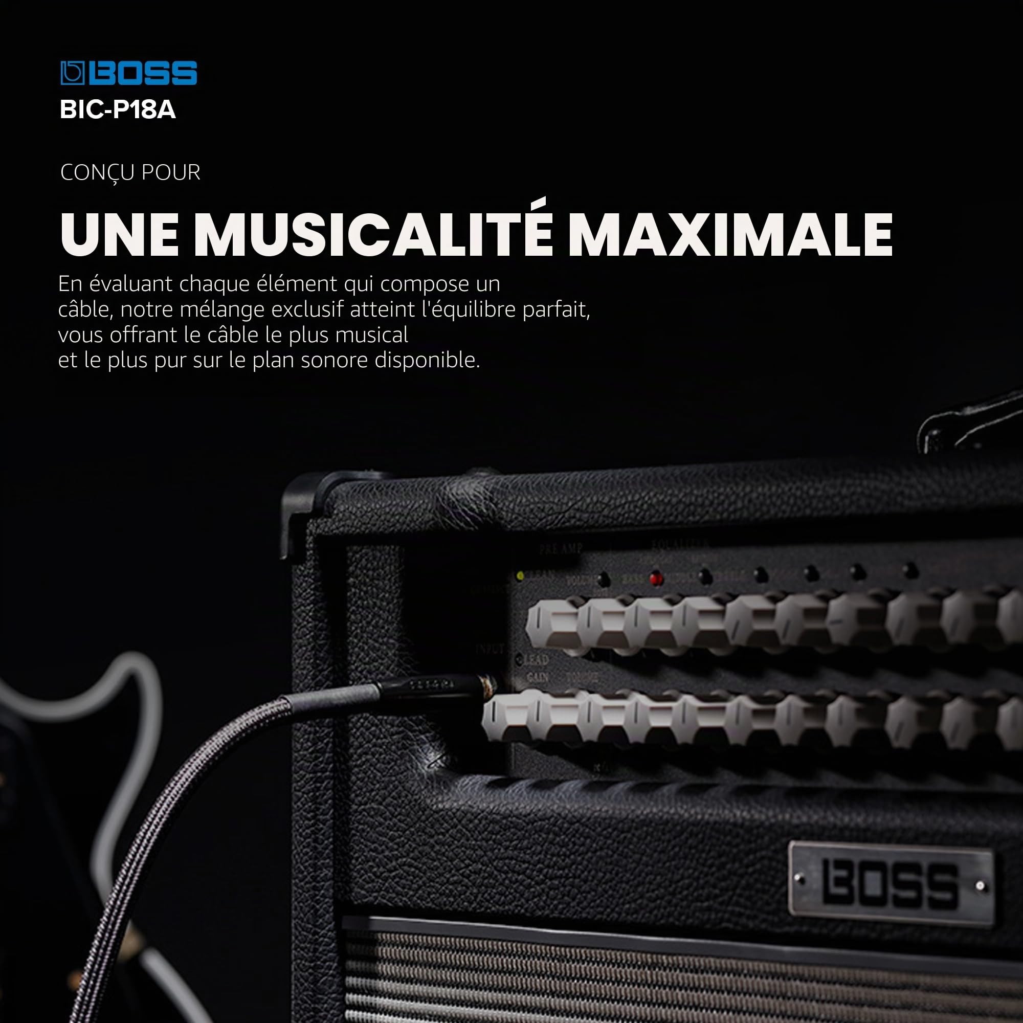 Câble d'instrument ultra haute fidélité GAMME BIC-P18A – 18ft / 5.5m – Connecteurs jack 1/4 de pouce droit à coudé plaqués or 24 carats – Pour guitare et basse, pour un son de qualité supérieure