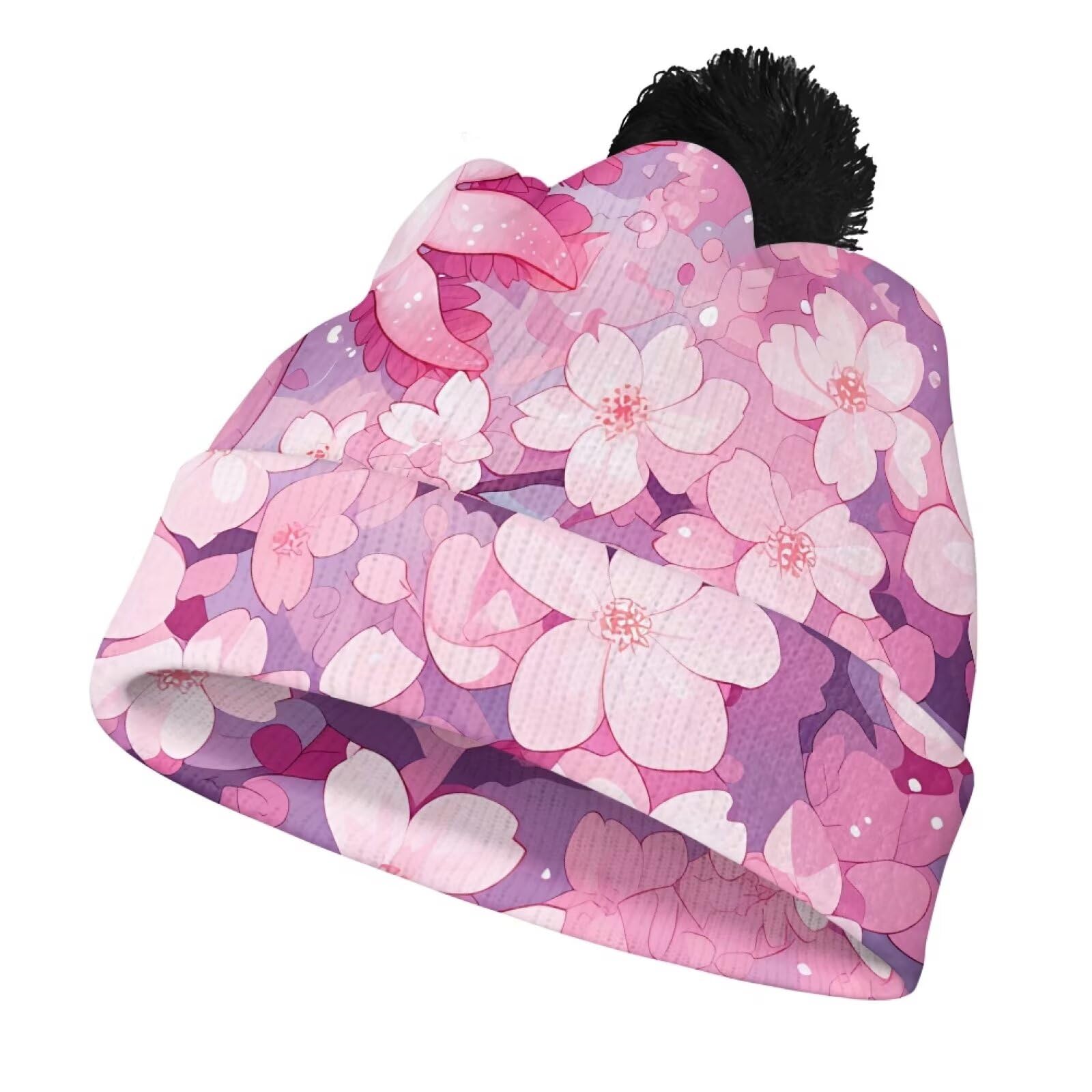 CREAMIC Cherry Blossom Axolotl Toddler Winter Hat for Girls Cute Salamander Girls Winter Hat Soft Winter Pom Cap for Kids Cute Toddler Woolen Hat with Ball Cute Kids Snow Ski Cap with Pompom