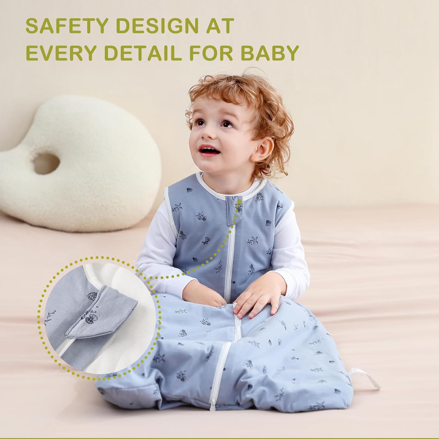 Super Soft 1.5 TOG Sleep Sack, 100% Organic Cotton All Season Warm Baby Wearable Blanket for 3-6 Months, Ocean, Size S
