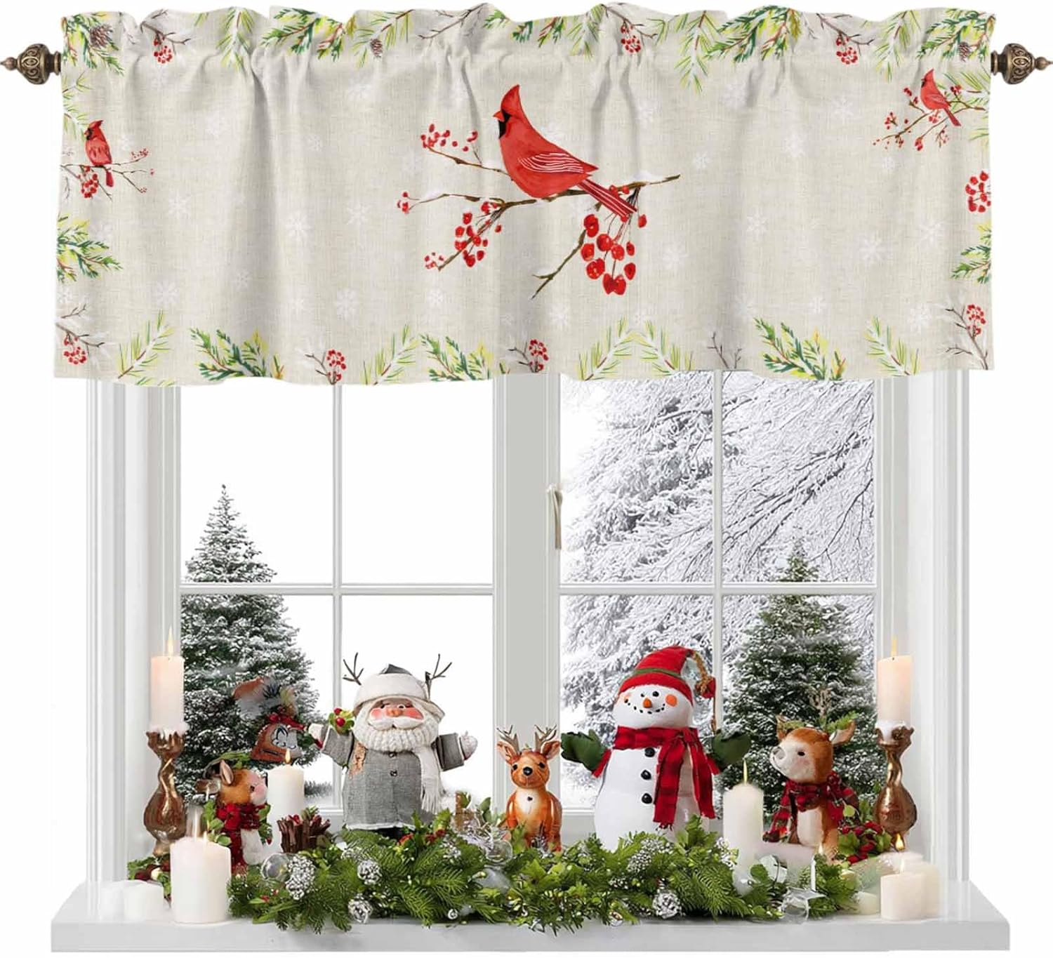 Kitchen Cafe Valance Curtain for Small Windows,Rustic Farm Bird Cardinal Pine Tree Branch Rod Pocket Short Blackout Curtains,Cotton Texture Darkening Window Treatment for Living Room Bedroom Bathroom