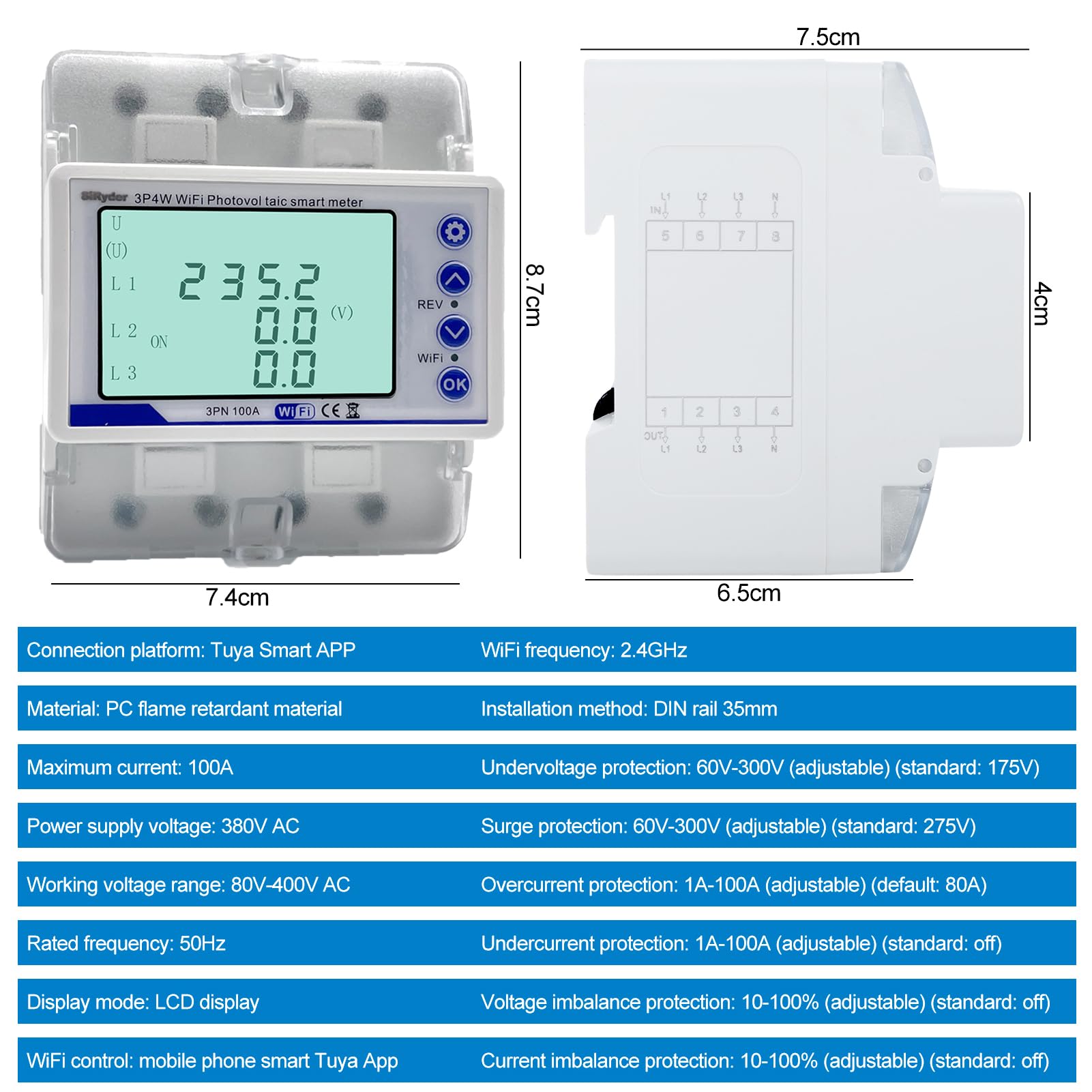 Contatore Energia Elettrica Wifi, 380VAC 100A Misuratore Consumo Elettrico WLAN Protezione di Richiusura Intelligente,Visualizzazione Energia Elettrica