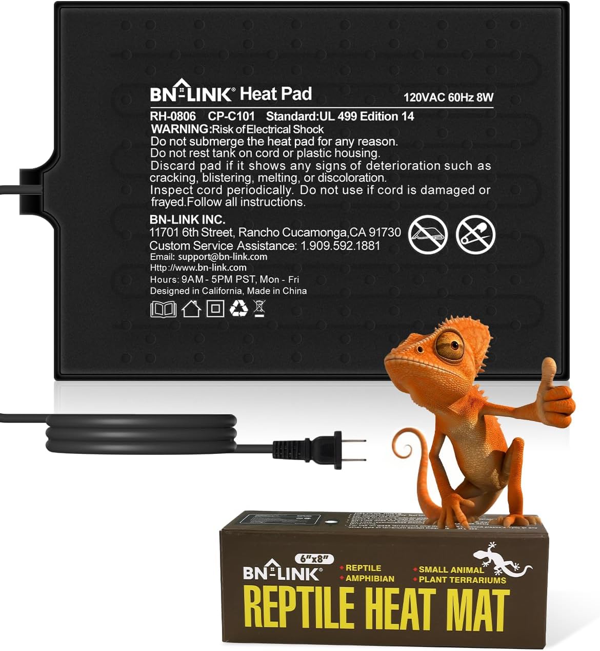 BN-LINK Reptile Heat Pad 6″X8″ 8W for 10-20gal Under Tank Terrarium Heating Mat Waterproof for Turtle, Lizard, Frogs, Snake, Hermit Crab