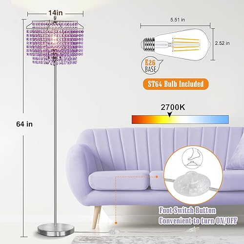 Miniatura 2 de Lámpara de pie de cristal morado, lámparas de pie de 64 pulgadas de alto con pantalla de doble capa, elegante lámpara de pie con interruptor de pie