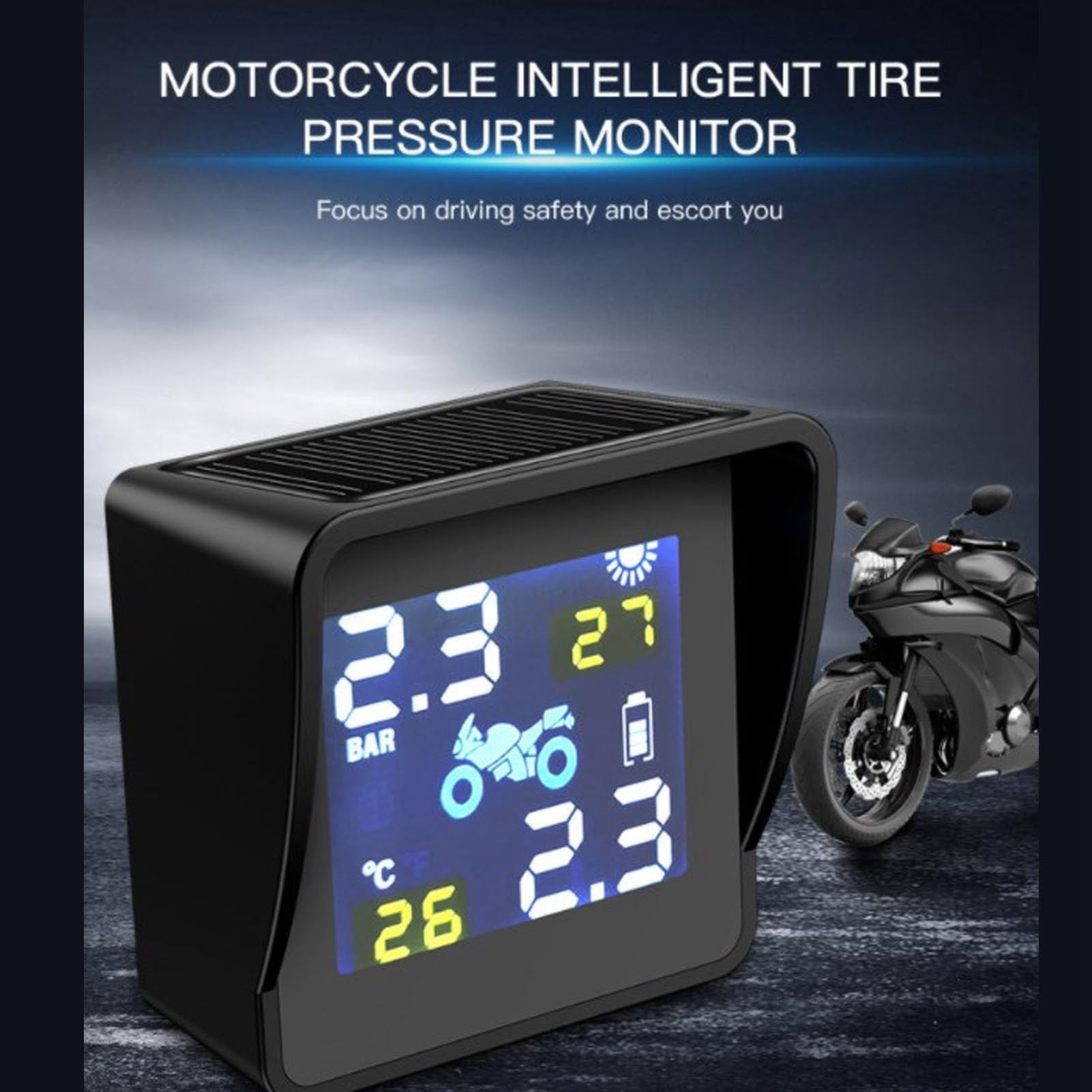 Annadue Reifendruckkontrollsystem TPMS Solar Drahtloser Reifendruckmonitor, Solar- und USB-Aufladung, Echtzeit-Druck- und Temperaturwarnungen für Motorradroller