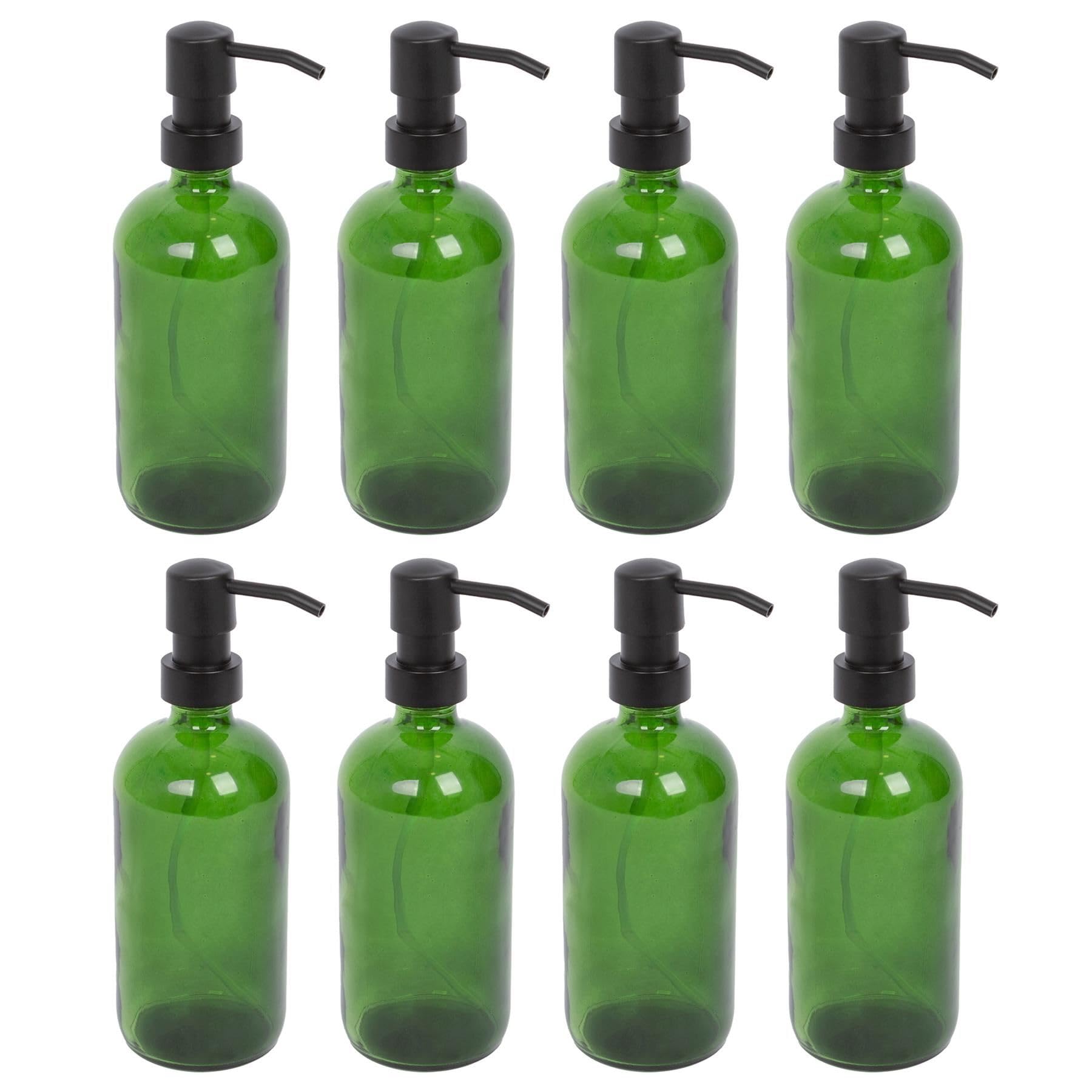 Harbour Housewares Green Glass Soap Dispensers Pack of 8-500ml Refillable Bottles with Black Pumps - Bathroom and Kitchen Accessories for Hand Wash, Lotion or Washing Up Liquid