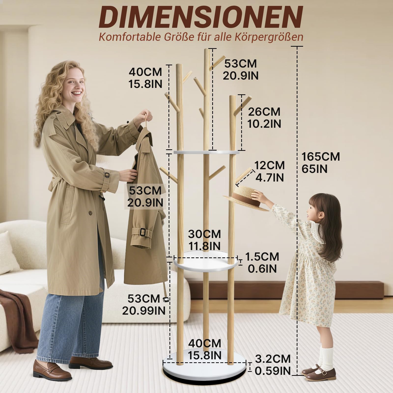 SUNDOY Drehbarer Garderobenständer aus Massivholz, 3 Ablagen & 9 Haken, stabil & einfach zu montieren, für Flur & Schlafzimmer, 165×41×41 cm, für Hüte, Schals & Taschen (Drehbare Garderobe)