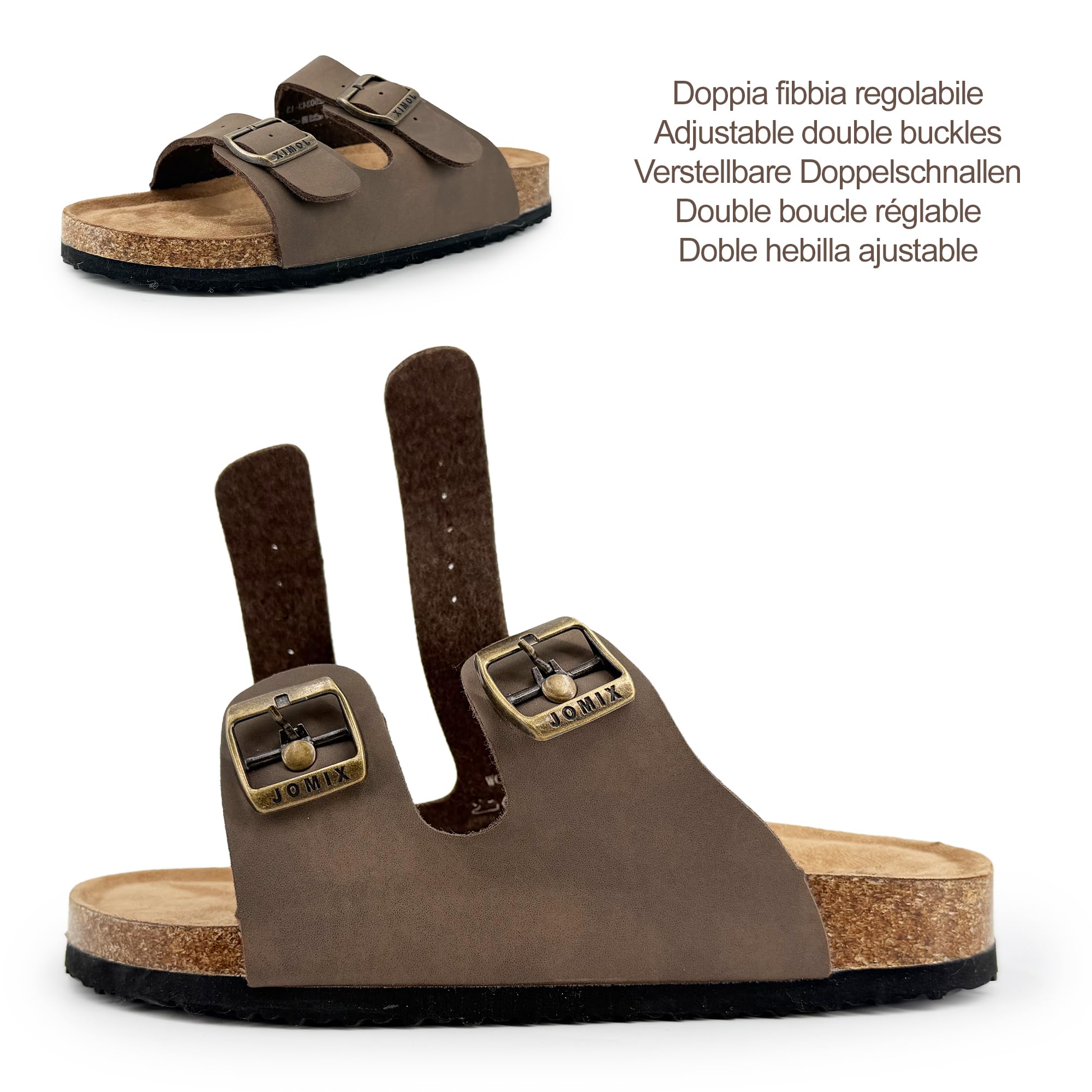 JOMIX Sandali Donna con Doppia Fibbia Regolabile Ciabatte Estive Bassi Plantare Sagomato in Sughero Pantofole Moda Comode con Suola Antiscivolo
