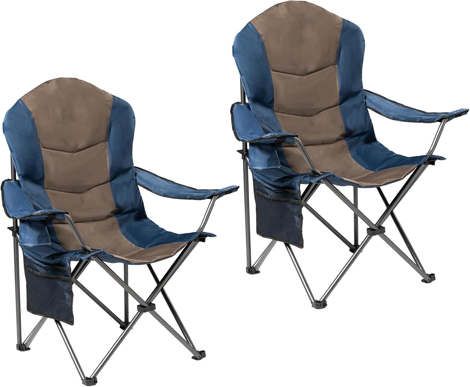 2 Pack Folding Camping Chairs for Adults - High Back Padded Outdoor Lawn Chairs with Lumbar Support & Cup Holder, 400lbs Heavy Duty Portable Camping Chairs Set (Blue & Brown, 2 PCS)