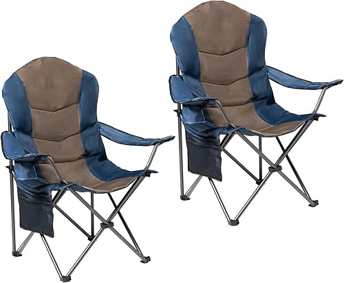 Paquete de 2 sillas plegables de camping para adultos, sillas de césped acolchadas con respaldo alto para exteriores con soporte lumbar y soporte