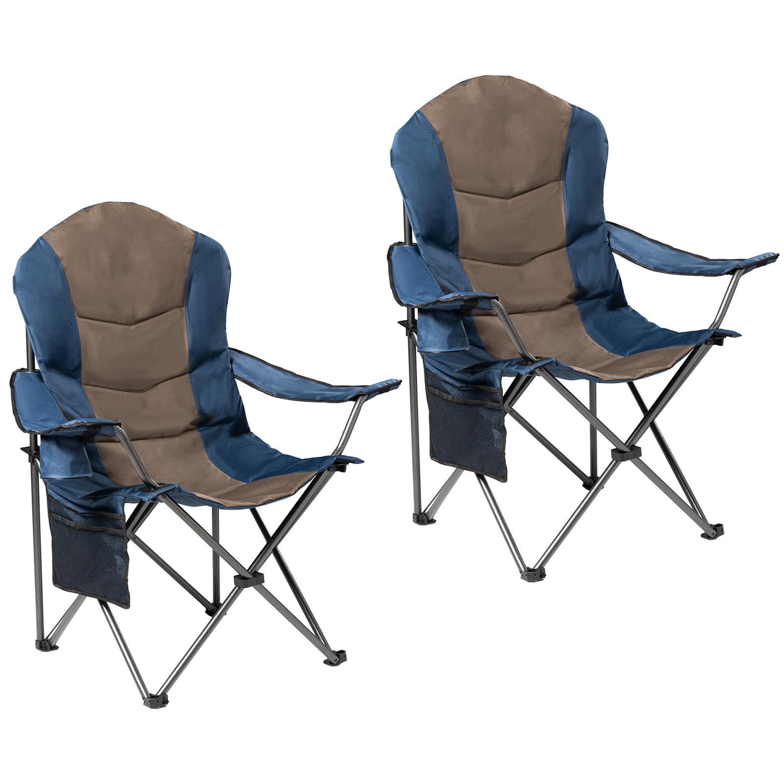 2 Pack Folding Camping Chairs for Adults - High Back Padded Portable Outdoor Lawn Chairs 400lbs Capacity, Adjustable Armrests - Lightweight Camp Chairs Set (Blue & Brown)
