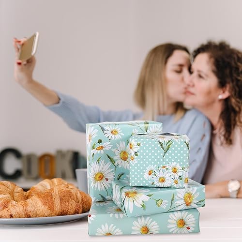 Miniatura 7 de AnyDesign - 12 hojas de papel de regalo de margaritas con diseño floral de acuarela, papel de arte decorativo a granel, plegado plano para