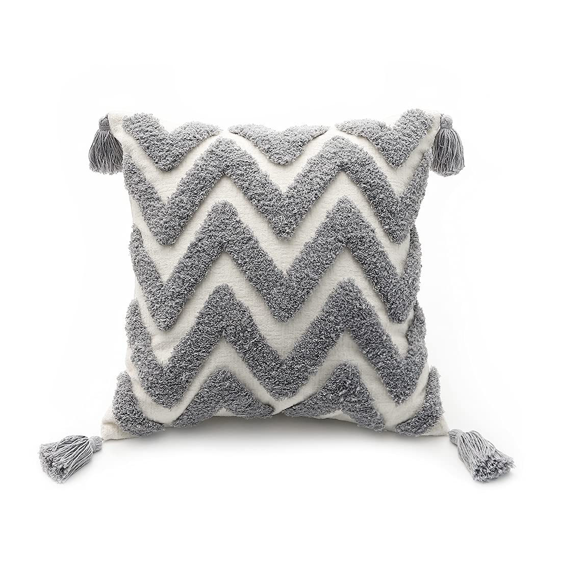 Plworld Grey Boho Gray Throw Pillow Cover 18X18 Inch With Tassels, Striped Tufted Decorative Cream Chenille Fabric Accent Textured Cushion Case For Bed Couch, 1 Pc Cover Only No Insert
