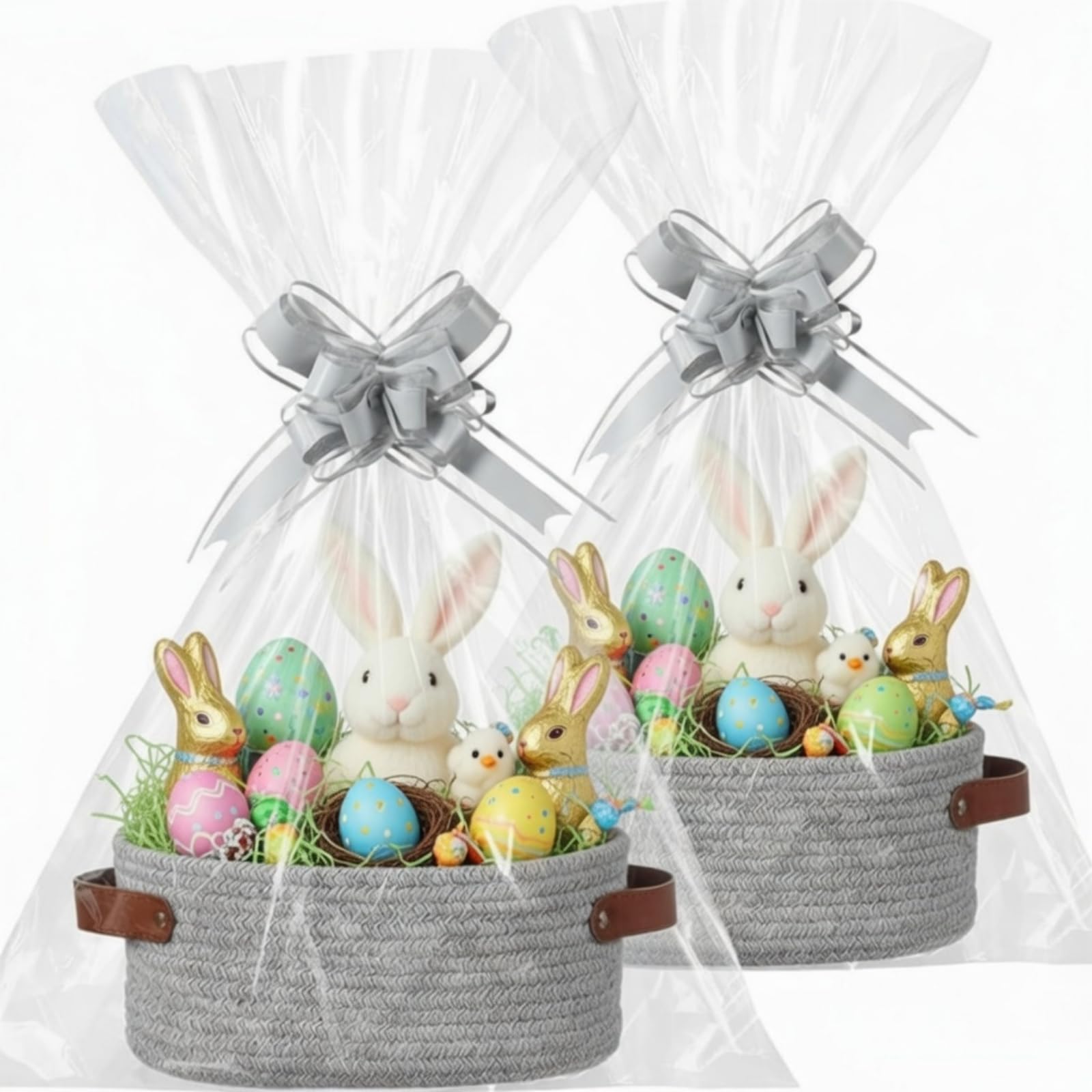 Colingmill Paquete de 2 cestas de regalo para el día de San Valentín con asas con bolsas de regalo, cintas, cestas tejidas, caja de regalo vacía para regalos, cestas de regalo, boda, Pascua (gris