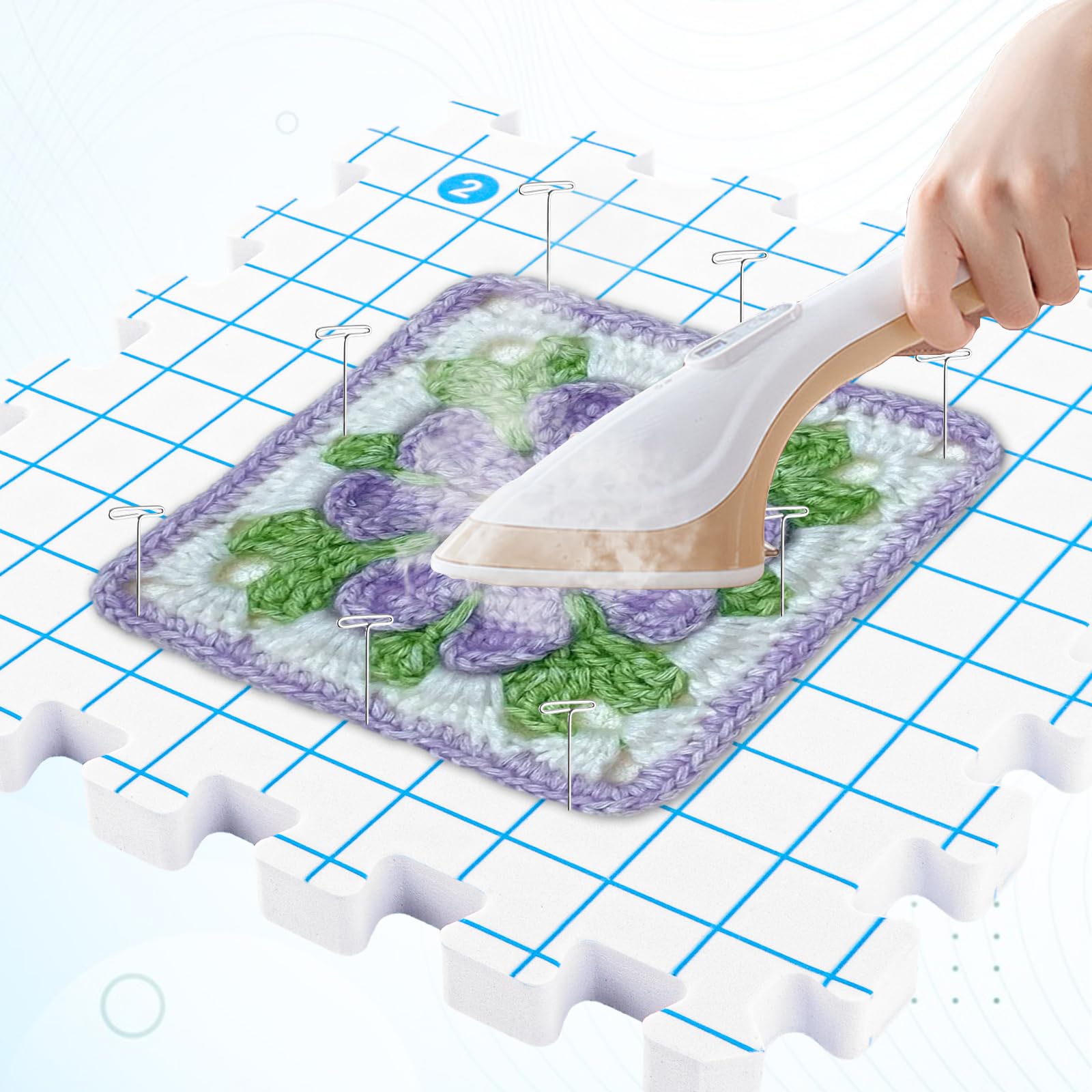 Oungy Kit Blocage Tricot 9 Dalles Modulables en Mousse avec 100 Épingles, Tapis Crochet Grille 30,5 cm, Planches pour Laine, Dentelle et Couture Créative