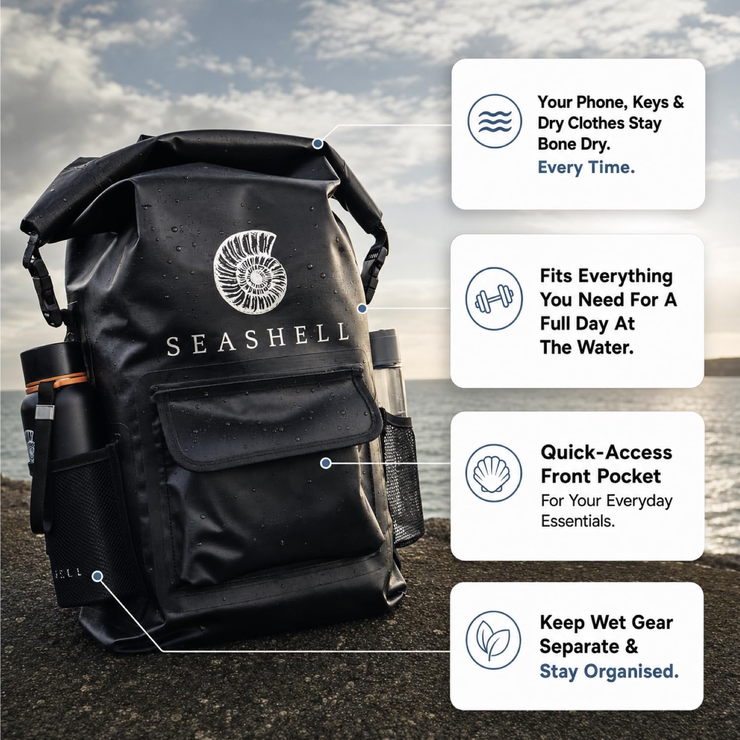 SEASHELL Zaino impermeabile Dry Bag – Heavy Duty 25L Roll-Top Bag con pannello posteriore imbottito – durevole, leggero e resistente all'acqua, attrezzatura per nuoto, surf, spiaggia, campeggio e