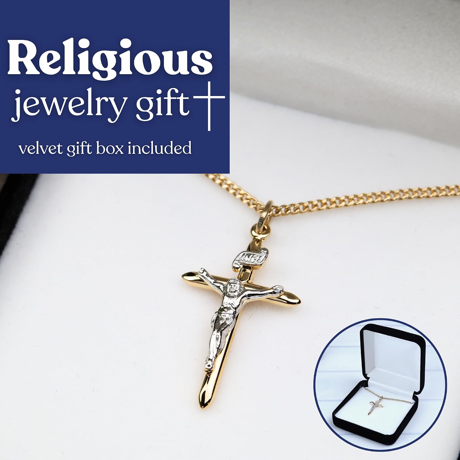 Needzo Two Tone Crucifix Necklace, Gold and Silver Cross Pendant, Religious Jewelry Gift, Box Included, 18 Inch Chain