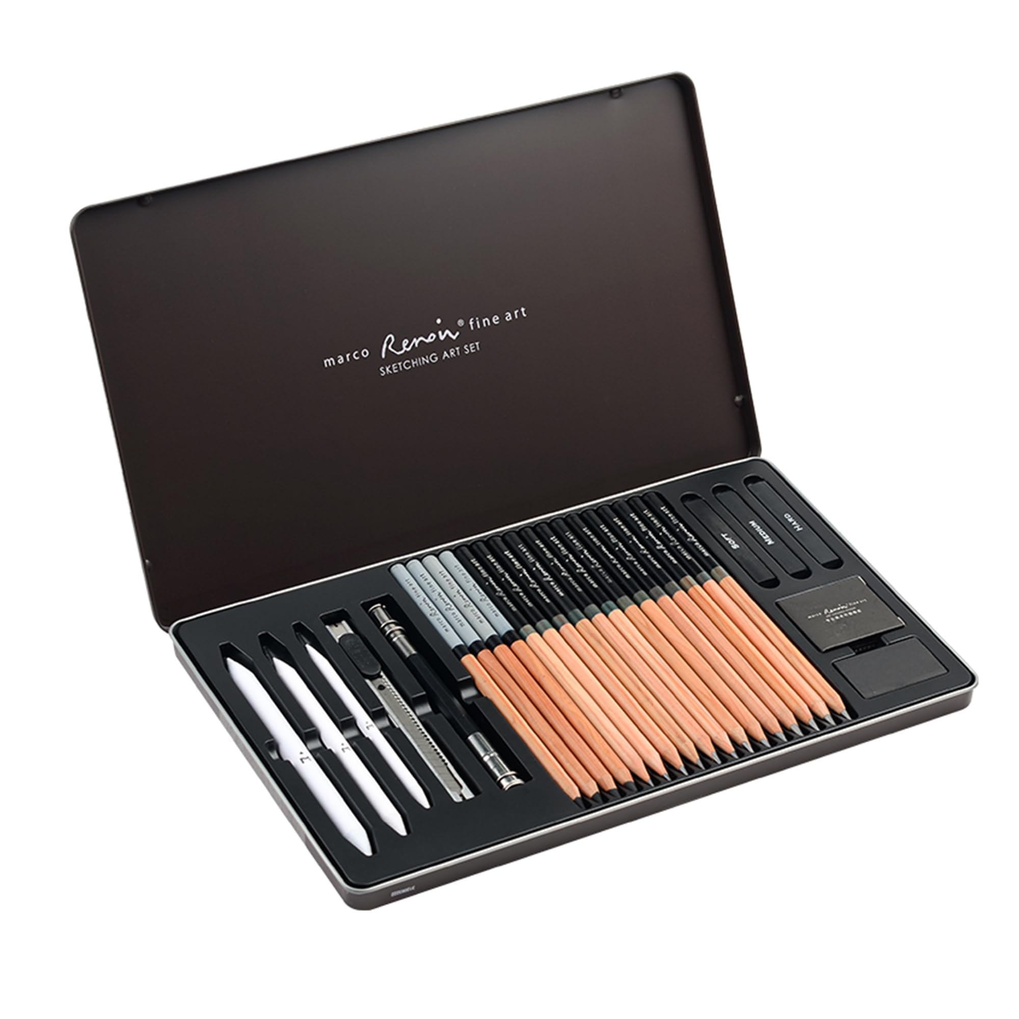 MARCO Sketch Pencil Set 27 Pieces, 13 Drawing Pencils (2H-8B), 4 Charcoal Pencils, 3 Charcoal Sticks, 3 Eraser Brushes, Plastic and Regular Erasers, Knife, Extender Included Art Student, Beginner 27 3001 Sketch Pencil Set Gift Box 27 Pieces