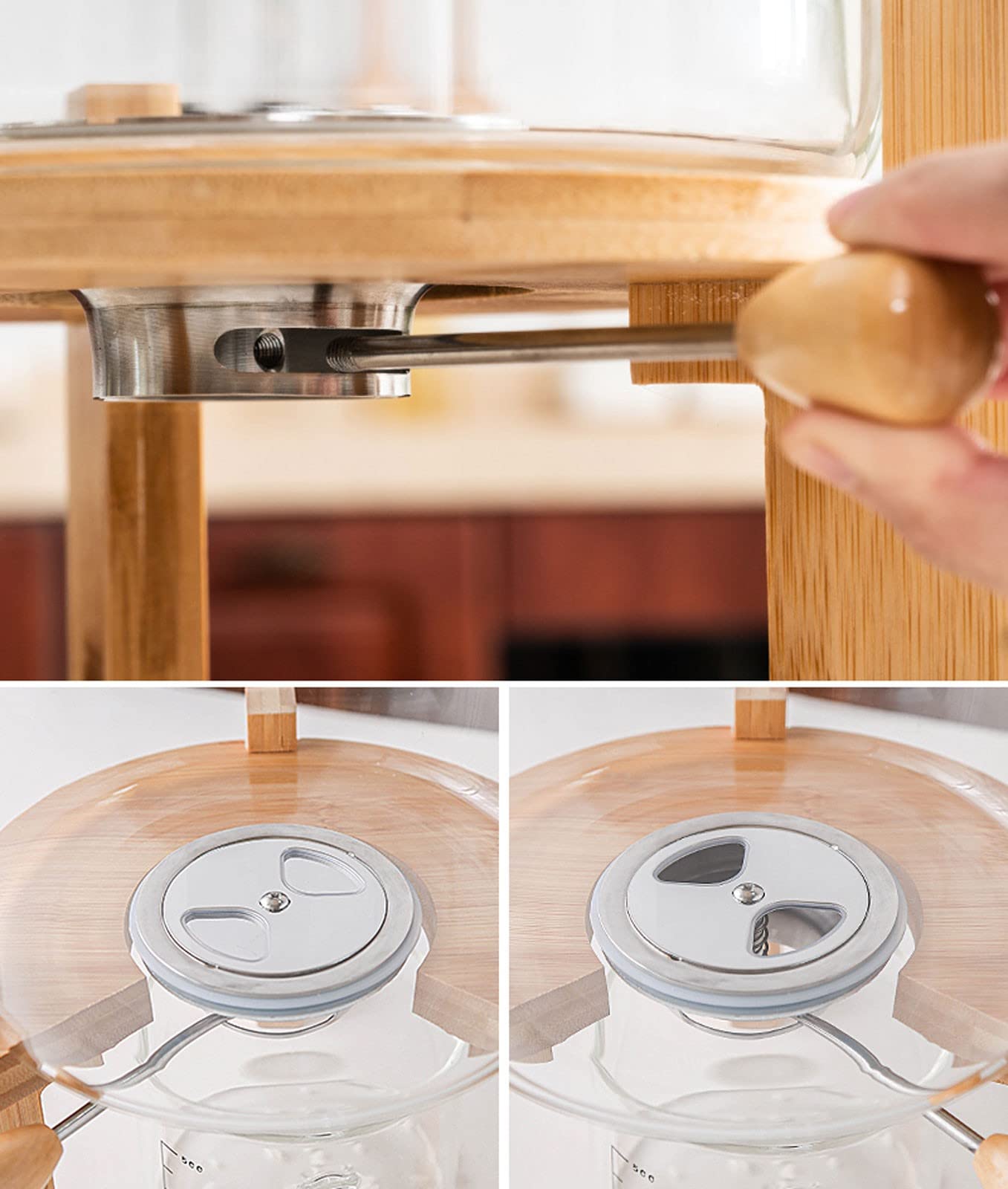Dispenser di riso, contenitore per la conservazione cereali di riso ermetico a prova di polvere, ripiano distributore di cereali in vetro, misurino + supporto in legno di bambù, a prova di umidità p