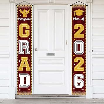 Maroon and Gold Graduation Decorations Class of 2026 Hanging Graduation Banner for Front Door, Congrats Grad Banner Porch Sign, Grad Door Banners 2026 Graduate Party Decor Supplies