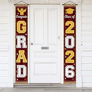 Maroon and Gold Graduation Decorations Class of 2026 Hanging Graduation Banner for Front Door, Congrats Grad Banner Porch Sign, Grad Door Banners 2026 Graduate Party Decor Supplies