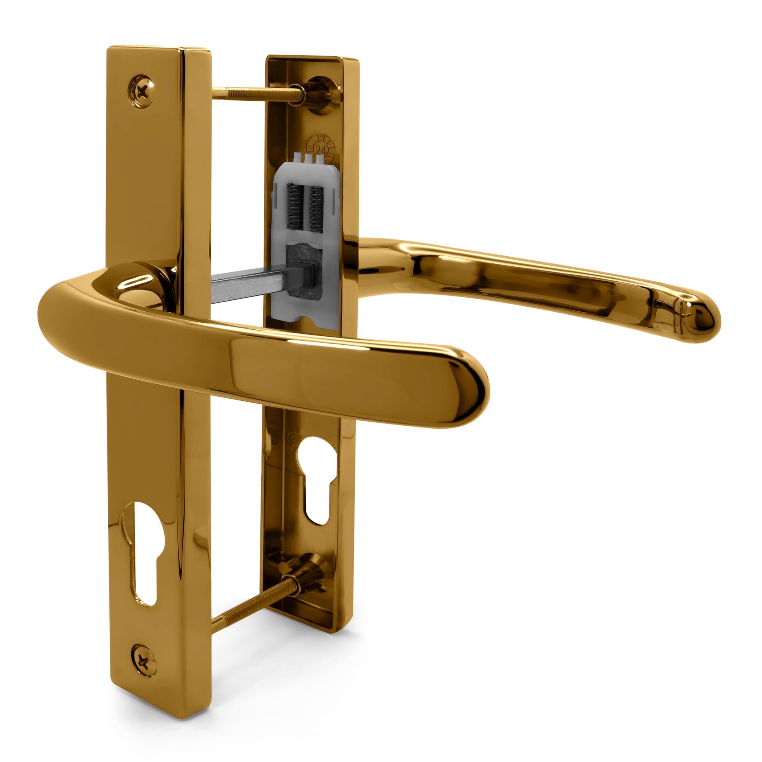 TSS UPVC Door Handle Set, 72mm PZ (Centres), Lever/Lever, Screw to Screw 180mm with Backplate 210mm x 32mm - Replacement PVC Door Handle (Polished Brass)