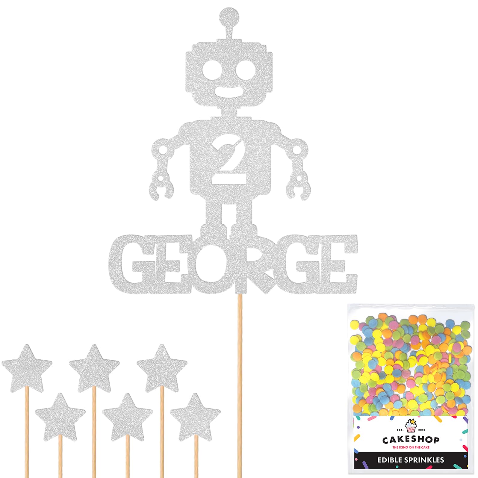 Personalised Birthday Space Robot Glitter Cake Topper Silver Any Custom Age & Name Glitter Cake Decoration and Sprinkles - Happy Birthday Decorations - Personalised Toppers for Cakes by Cakeshop — image 1