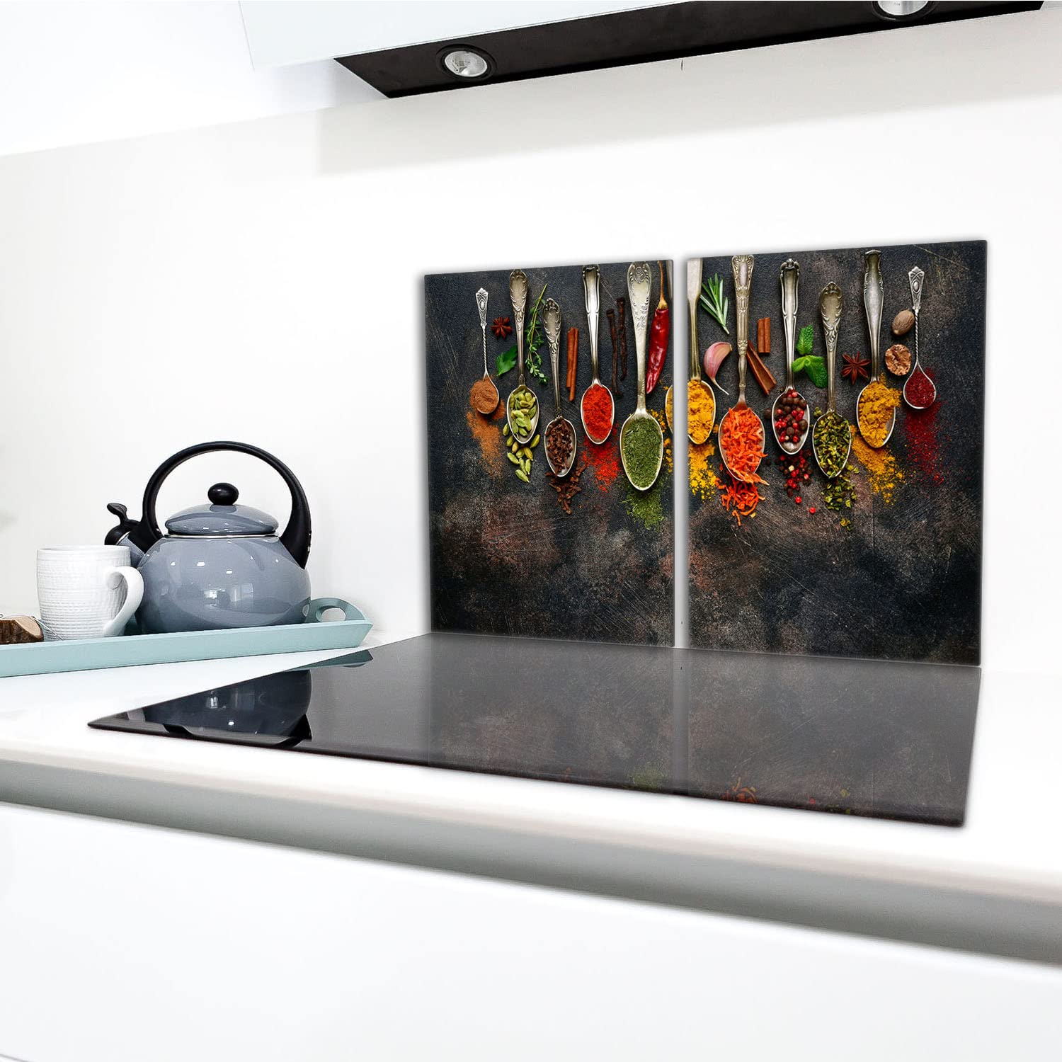 Tabla de cortar decorativa de cristal templado y cubre vitro, Placa protectora de vitrocerámica 40 x 52 cm 2 piezas, para inducción, protección contra salpicaduras, decoración, ESPECIAS