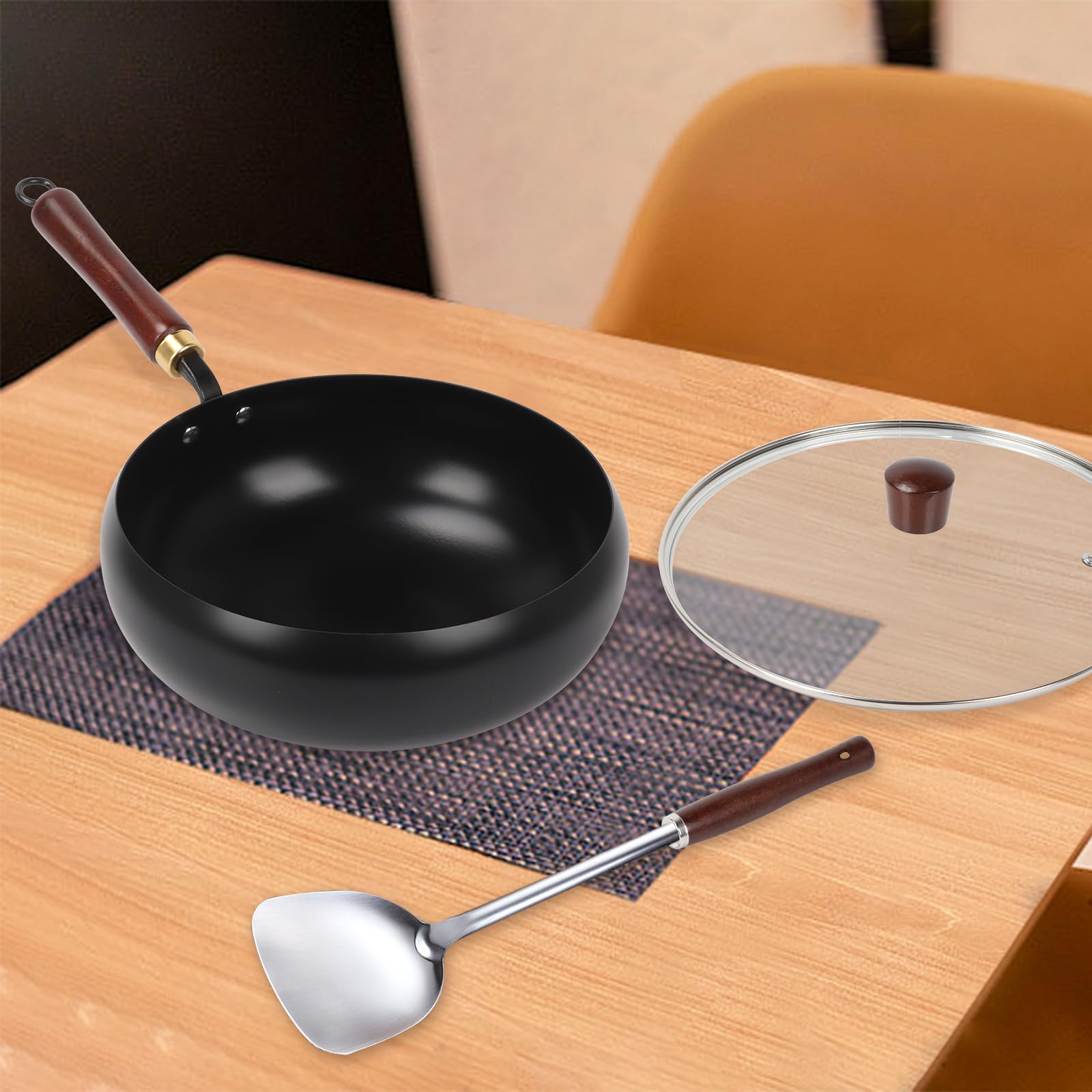 mumisuto Wok Cinese Con Manico In Legno Da 28 Cm, Pentola Grande Pancia Forgiata a Mano non Rivestita, Nuovo Wok Pancia Grande, Pentola in Ferro, Senza Rivestimento Chimico, Antiaderente
