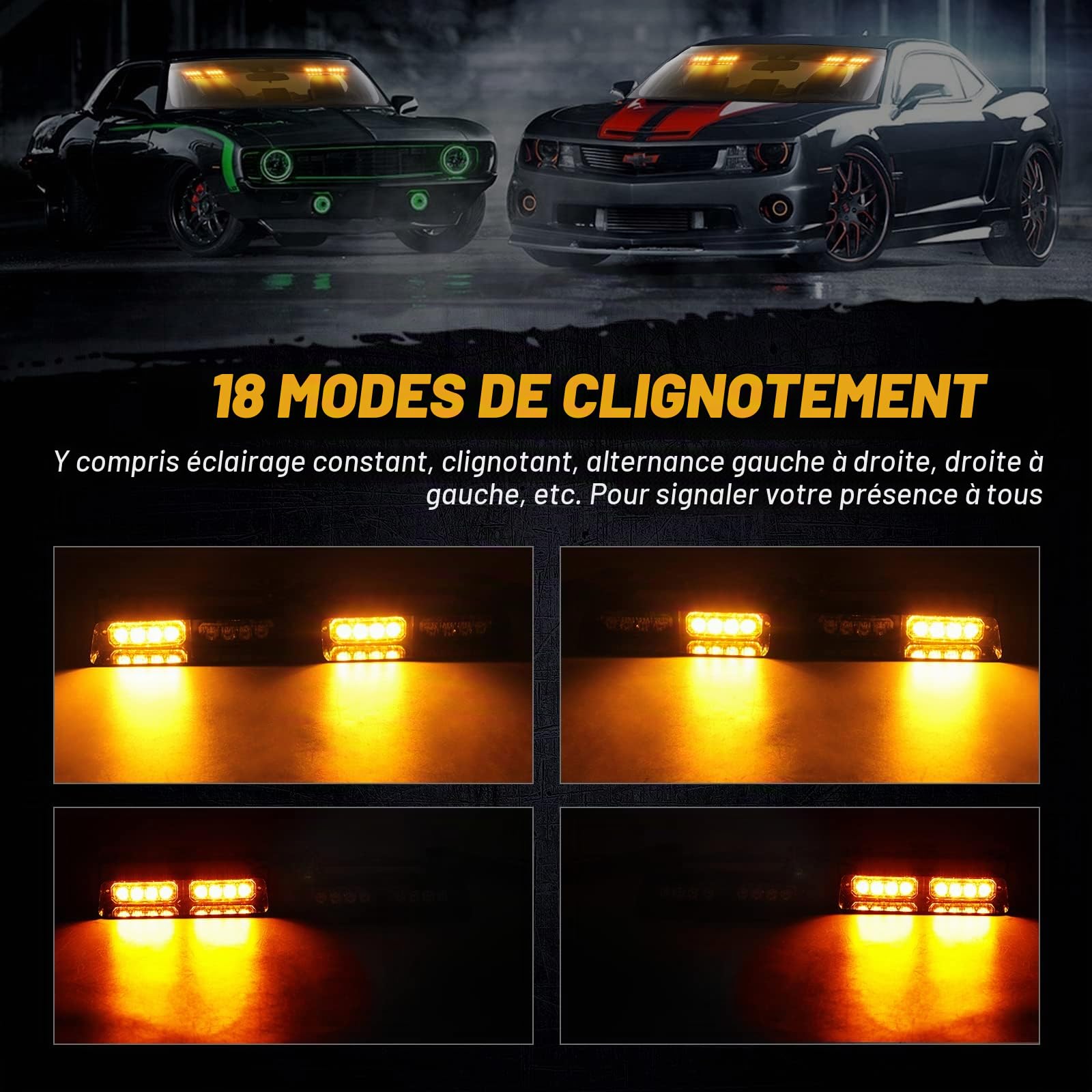 JMEST Feux Stroboscopiques LED 7.2 Pouces Pour Pare-Brise Intérieur - 16 LED, 18 Modes Flash, Beacon Lights 12V Pour Voiture, Camion, Véhicule (Amber)