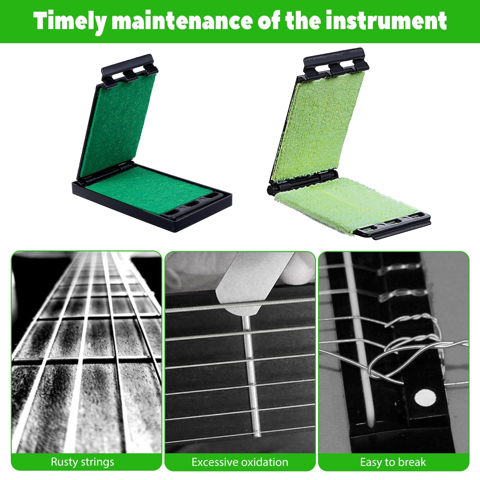 Xinjoduz 2 PCS Guitar String Cleaner, Fretboard Cleaner Wiper Guitar Polishing Cloth Tool Scrubber Violin Cleaning Cloth Maintenance Care Kit for Bass Ukulele Electric Guitars(Black & Green) - Image 3