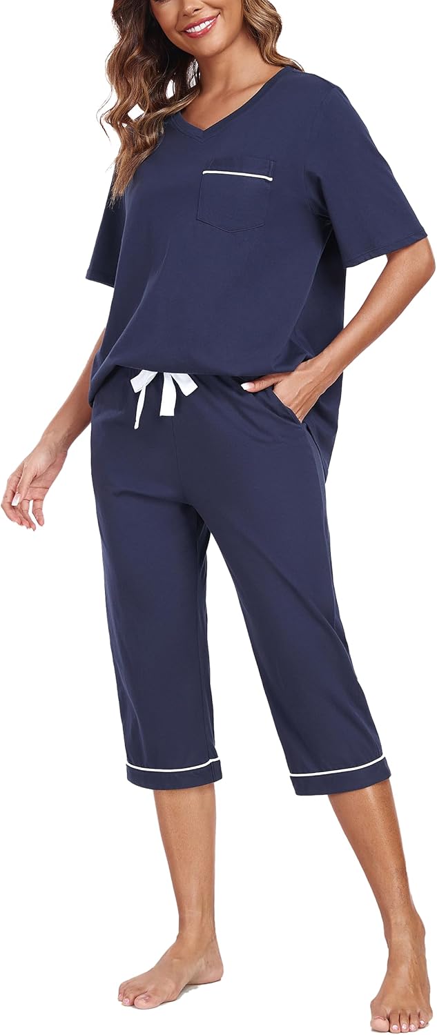 ANLIQI Women's 100% Cotton Pajama Sets Pjs Sleepwear for Women 2 piece Short Sleeve with Capri Pants Soft & Comfy Lounge Set