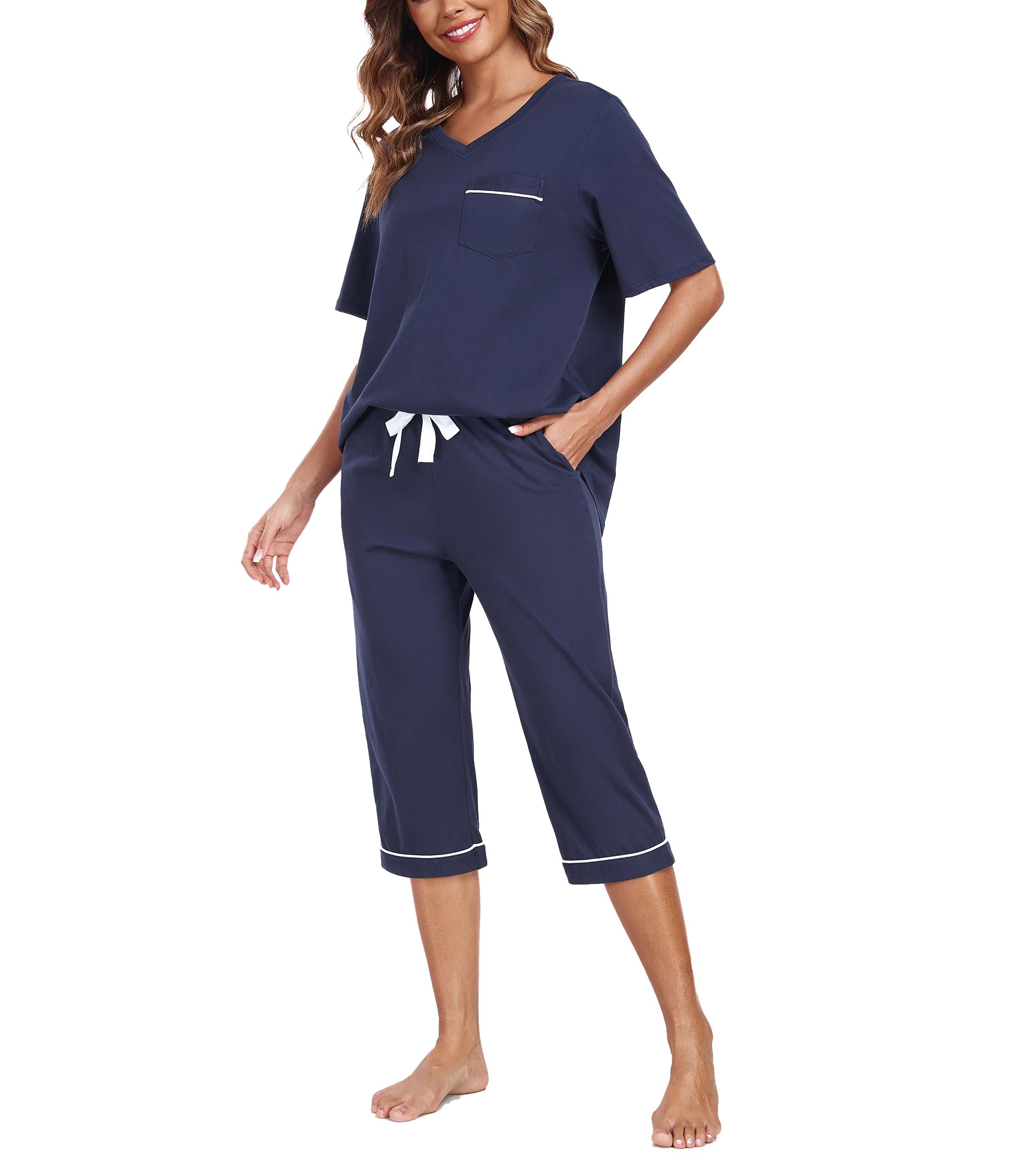 ANLIQI Women's 100% Cotton Pajama Sets Short Sleeve 2 Piece Lounge Set Capri Pants ladies Cotton Pjs Sleepwear with Pockets X-Large Navy Blue