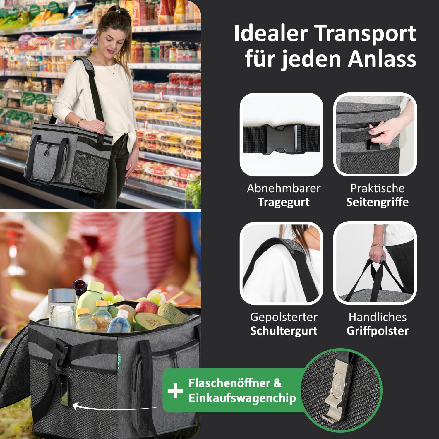 COTTARA® Faltbare Kühltasche groß 30L wasserdicht +12h Frische extra stark isolierte Kühltasche faltbar – Kühlbox, Cooler bag, Lunch bag, Isoliertasche, Thermotasche Picknicktasche – Grau