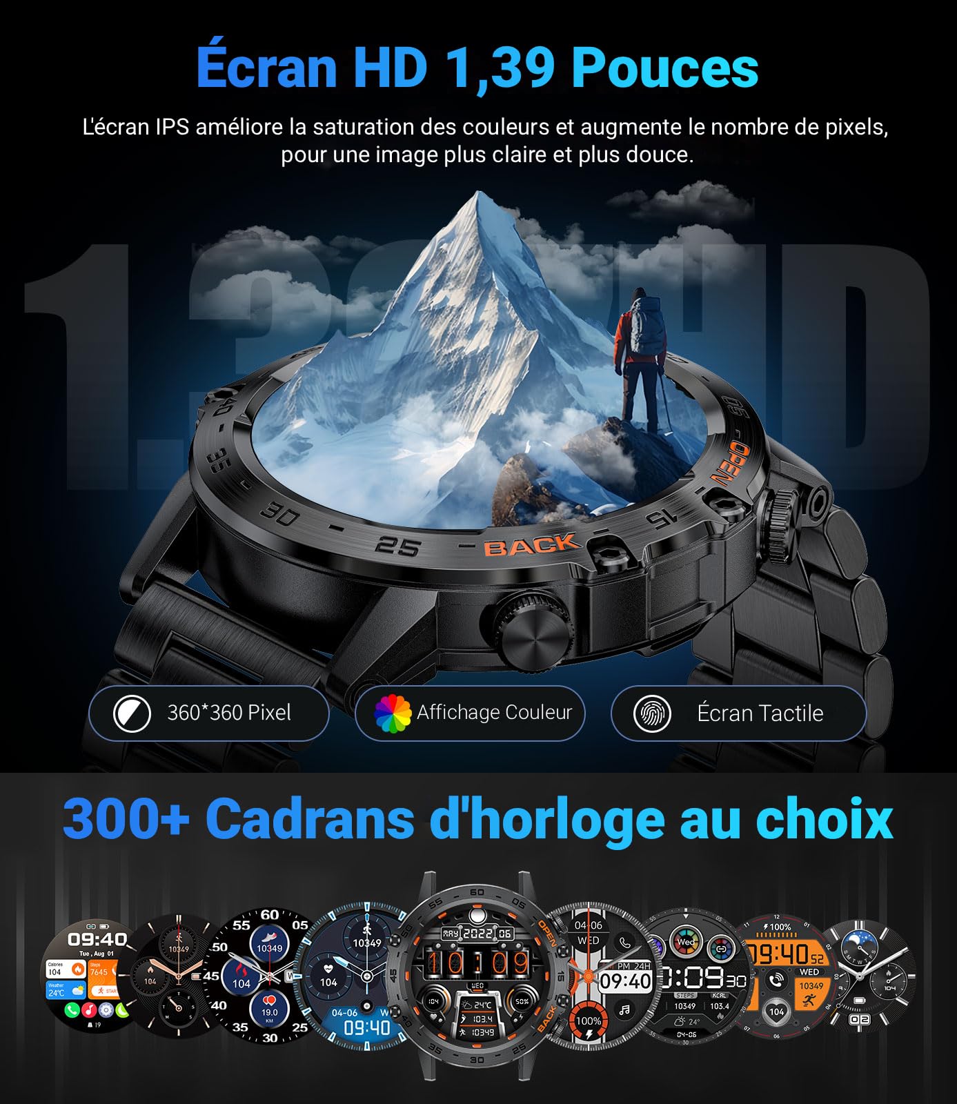 LIGE Montre Connectée Homme, 1.39" Smartwatch avec Fréquence Cardiaque, Tension Artérielle, SpO2, Durée du Sommeil, 300+ Cadran, 100+ Sports Fitness Watch pour Android iOS, IP67, Noir
