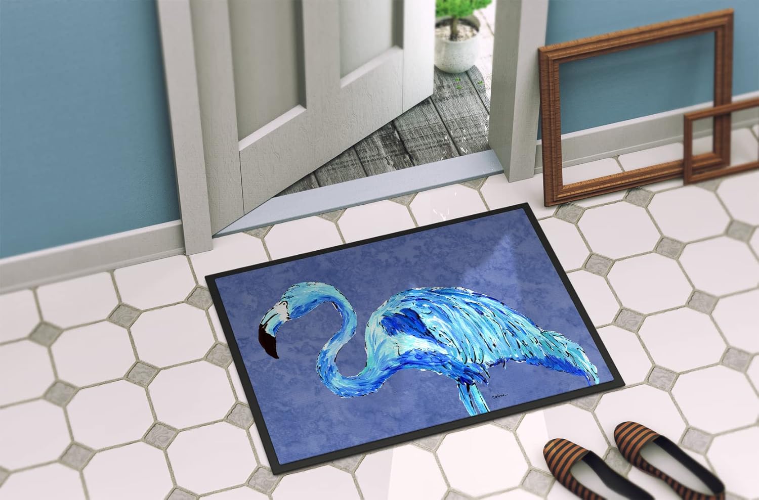 Caroline's Treasures 8873MAT Flamingo On Slate Blue Doormat 18x27 Front Door Mat Indoor Outdoor Rugs for Entryway, Non Slip Washable Low Pile, 18H X 27W