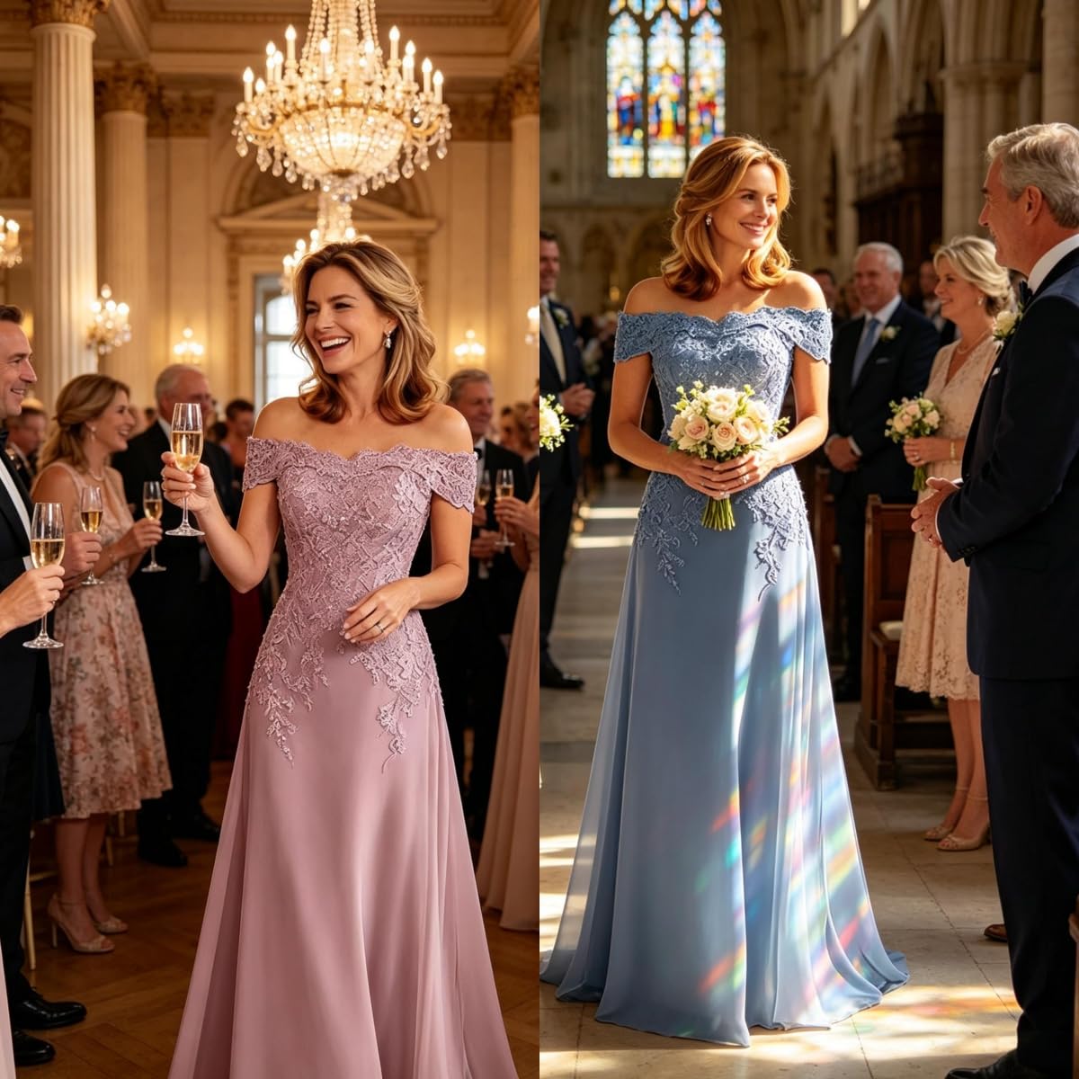 Vestido formal de gasa con hombros descubiertos para madre de la novia, con apliques de encaje | Vestido largo formal de fiesta de noche con apliques de encaje para invitada de boda